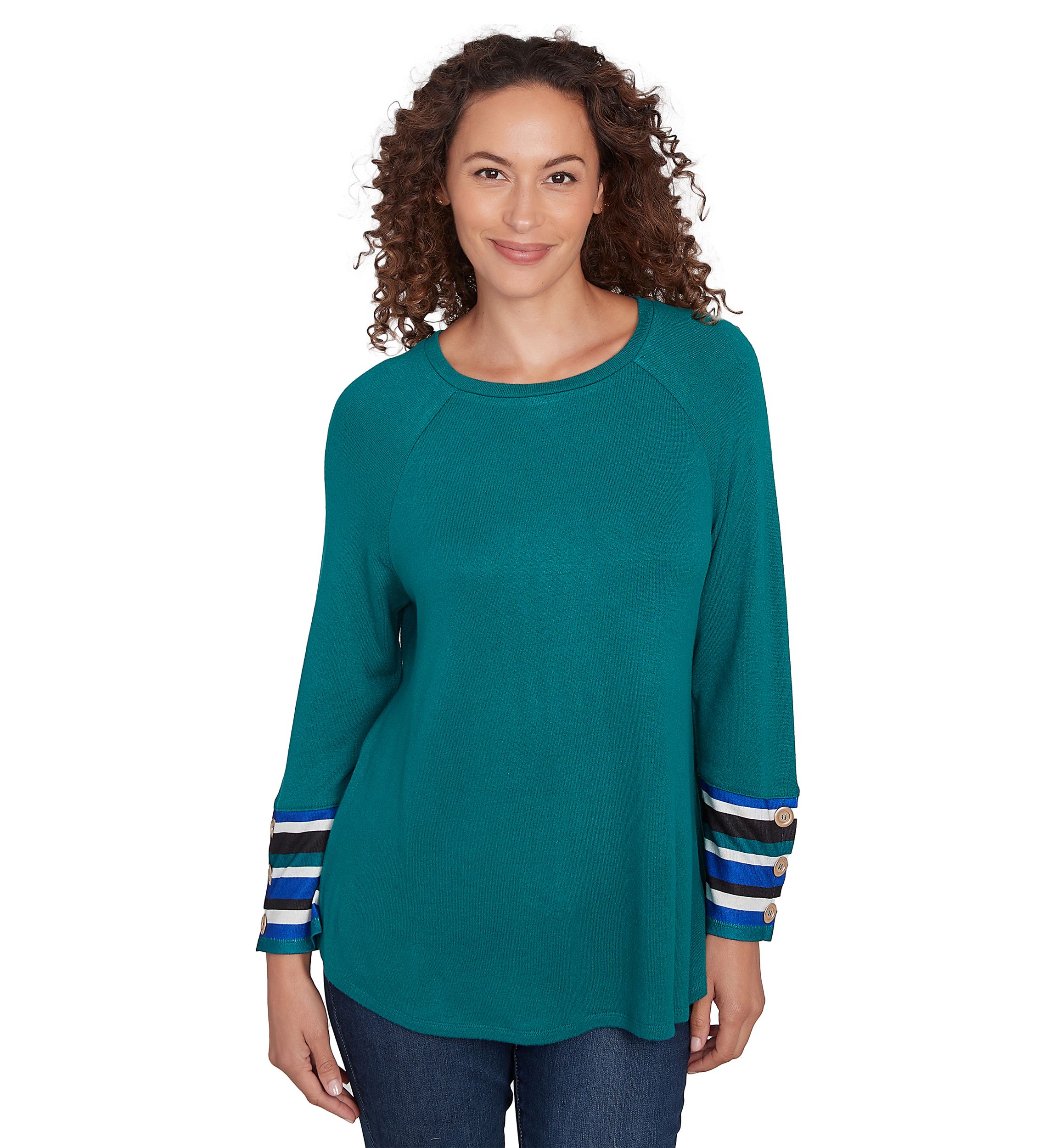 Plus Size Crew Neck Solid Hatchi Knit Top with Striped Cuff Detail