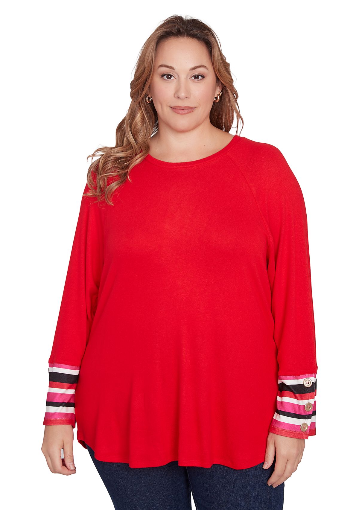 Plus Size Crew Neck Solid Hatchi Knit Top with Striped Cuff Detail