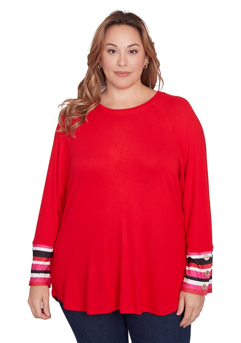 Plus Size Crew Neck Solid Hatchi Knit Top with Striped Cuff Detail