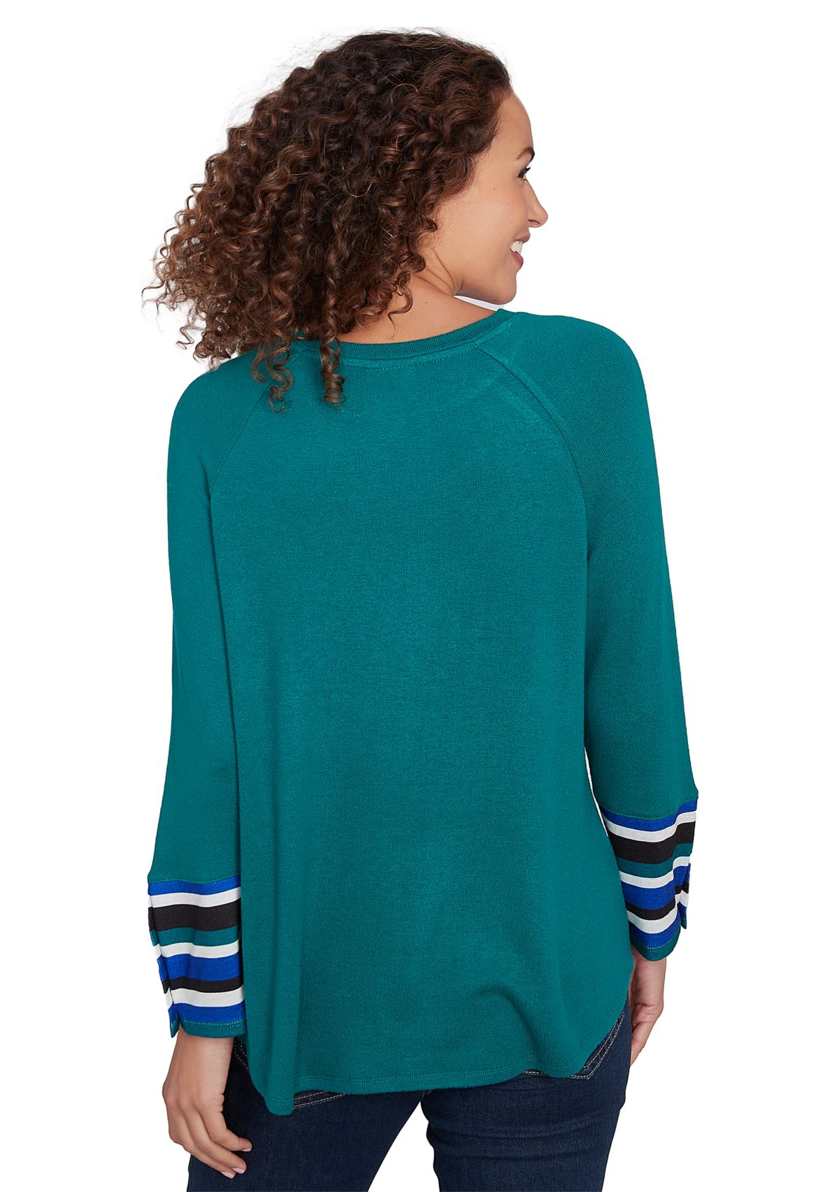 Plus Size Crew Neck Solid Hatchi Knit Top with Striped Cuff Detail