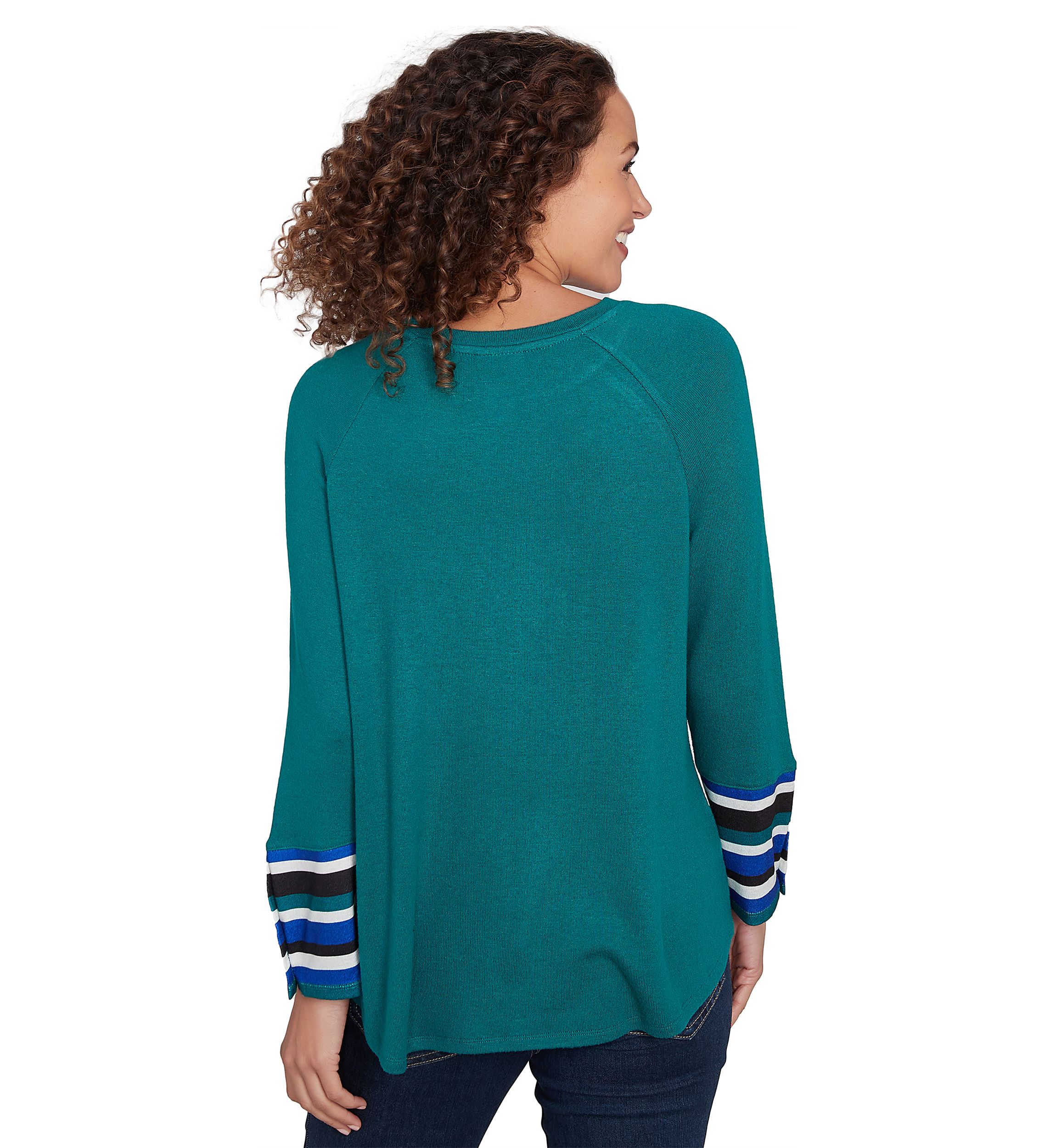 Plus Size Crew Neck Solid Hatchi Knit Top with Striped Cuff Detail