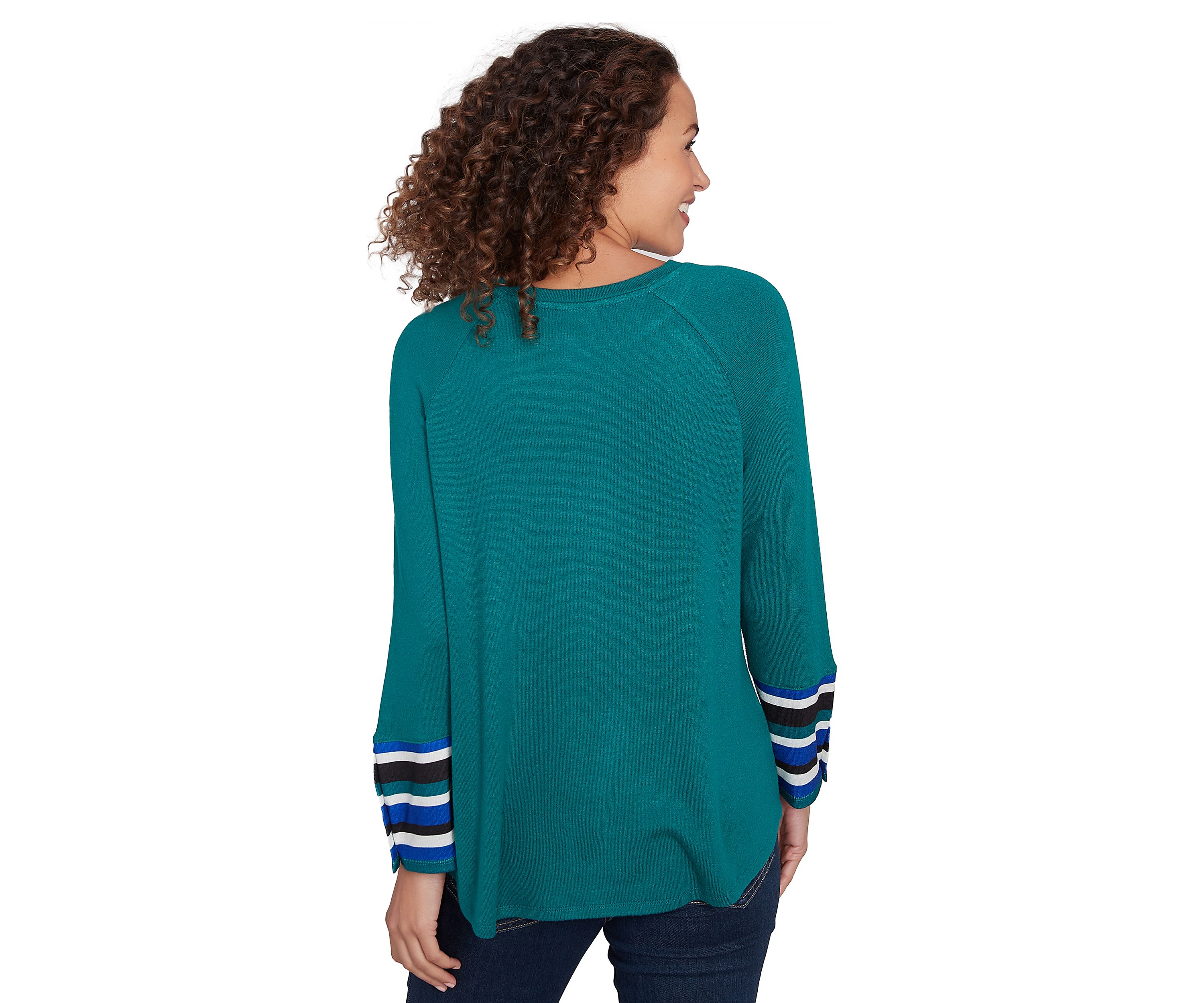 Plus Size Crew Neck Solid Hatchi Knit Top with Striped Cuff Detail