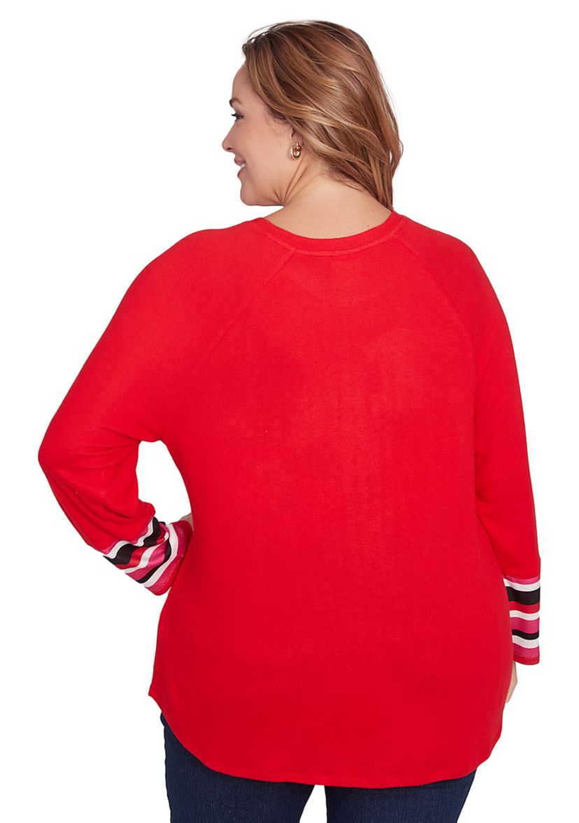 Plus Size Crew Neck Solid Hatchi Knit Top with Striped Cuff Detail