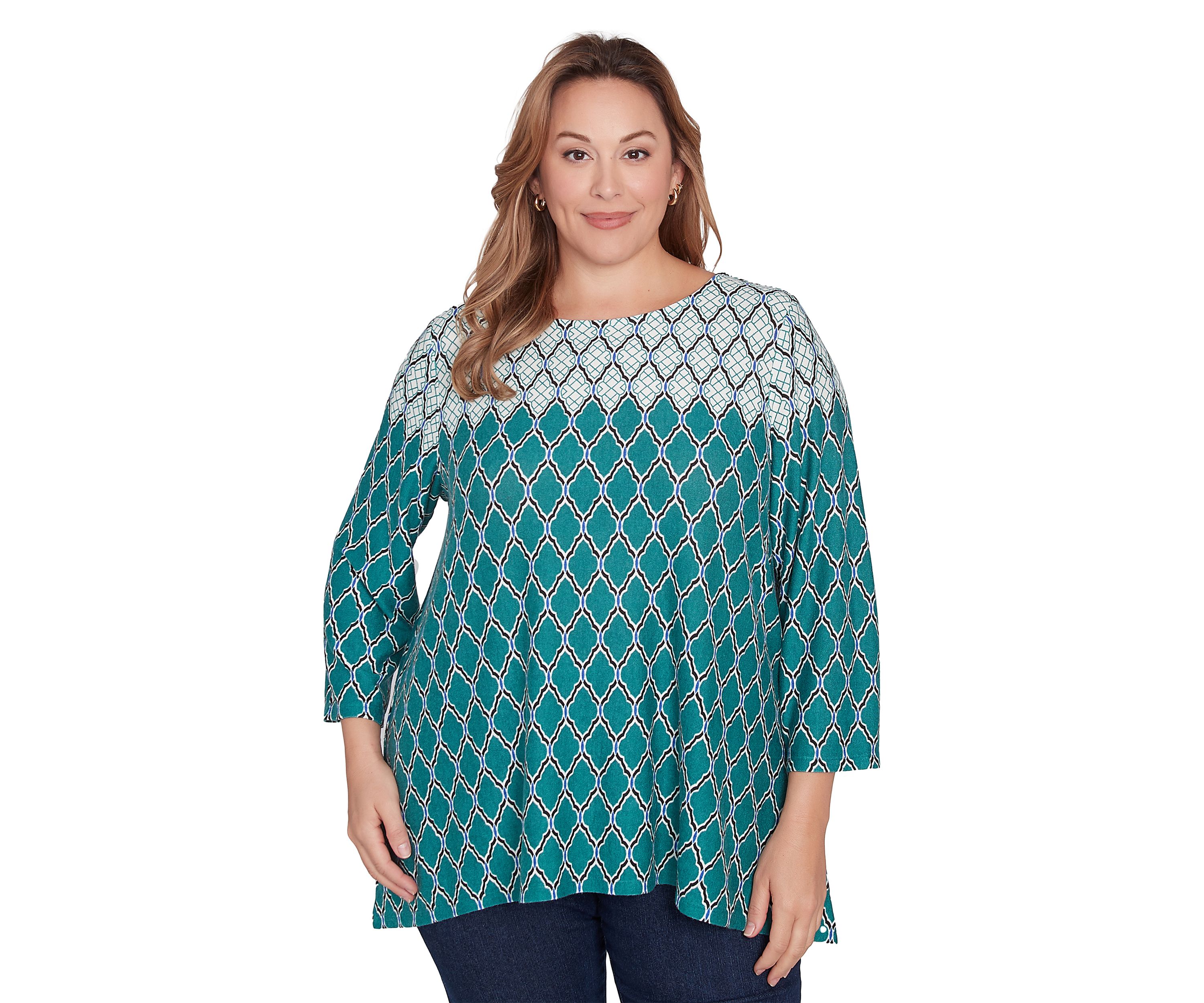 Plus Size Ballet Neck Scalloped Medallion Border Print Hatchi Sharkbite Top