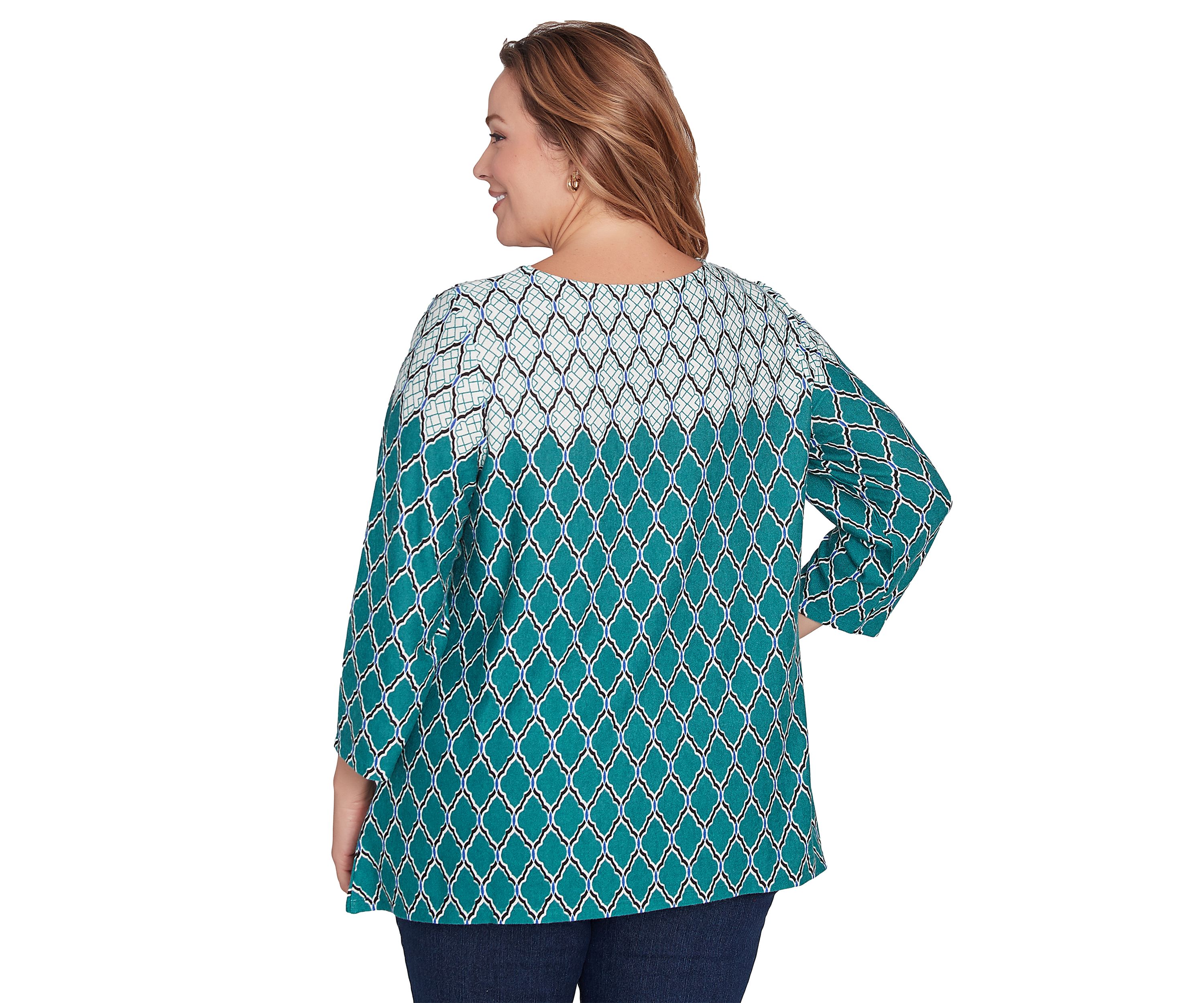 Plus Size Ballet Neck Scalloped Medallion Border Print Hatchi Sharkbite Top