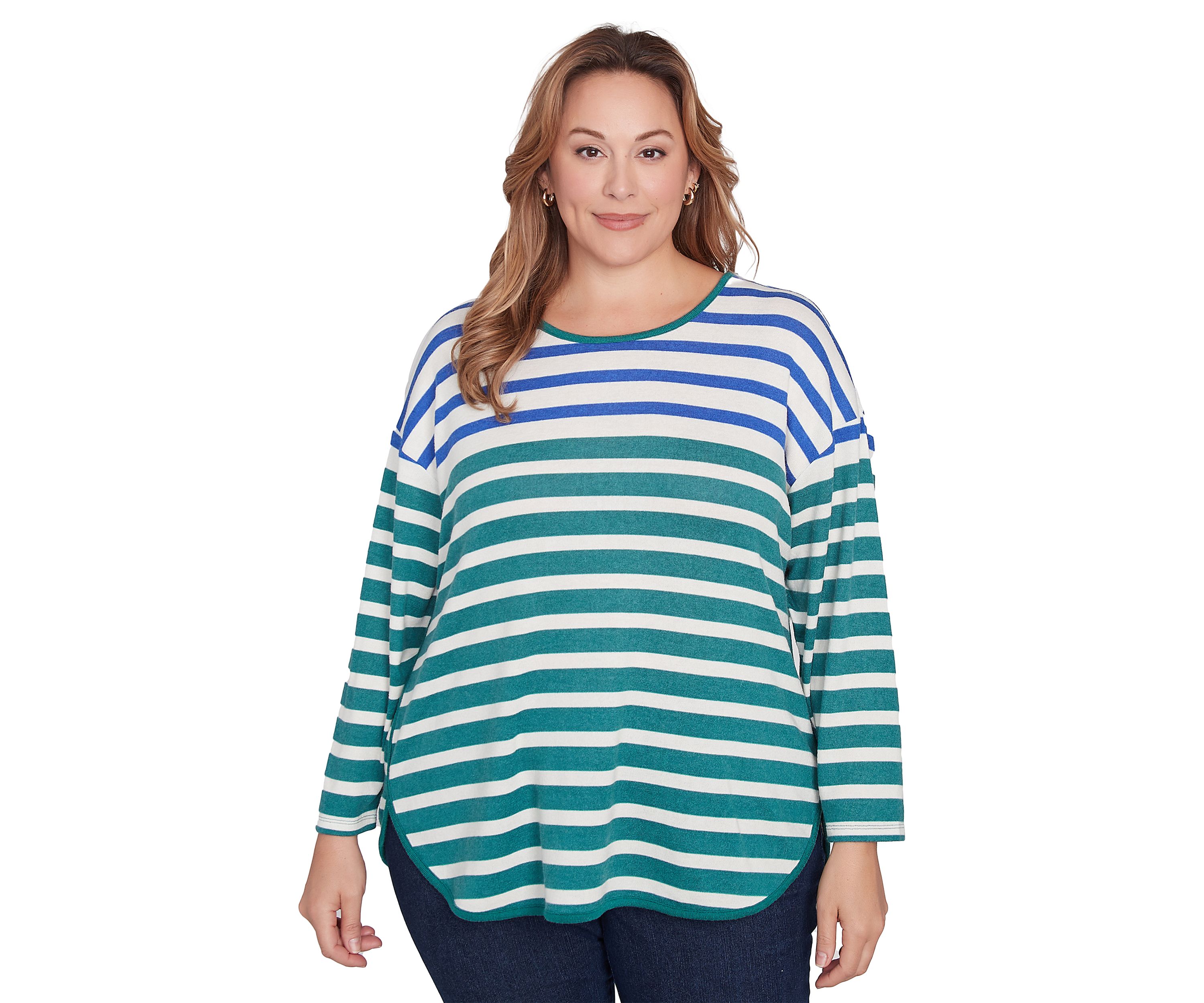 Plus Size Crew Neck Stripe Hatchi Knit Top
