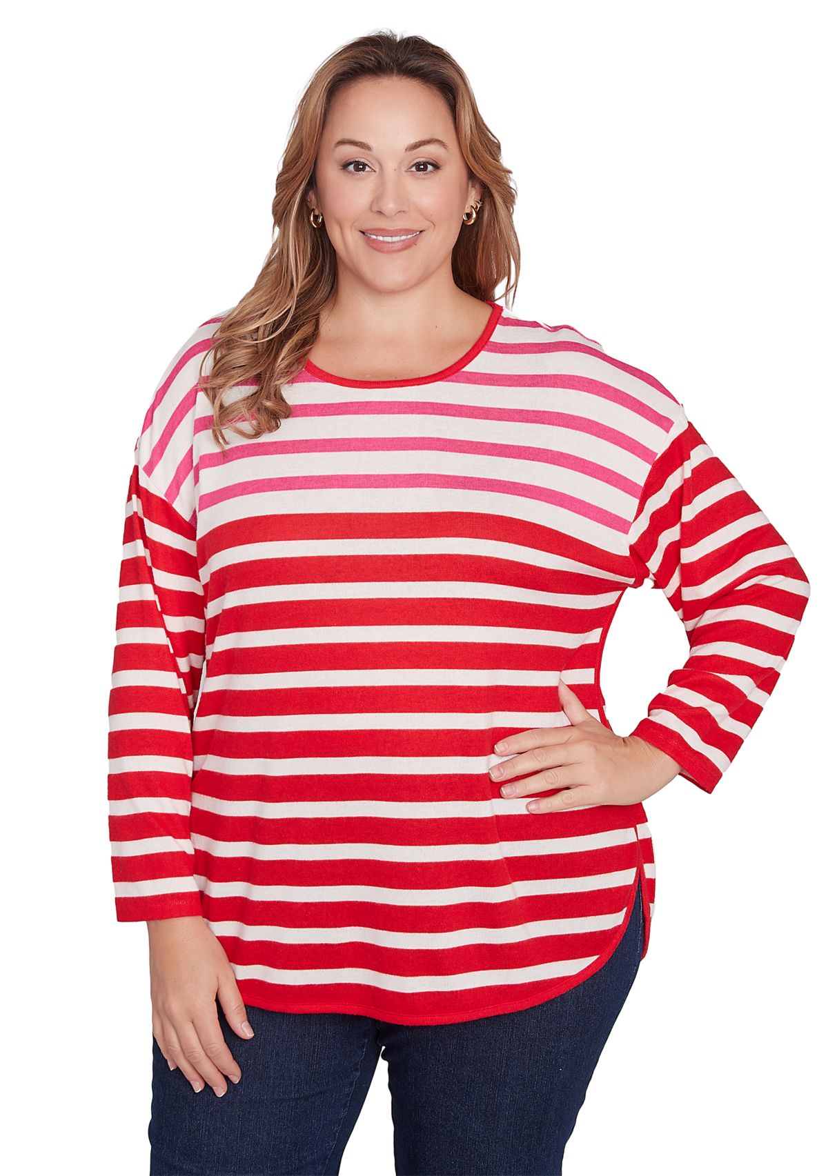 Plus Size Crew Neck Stripe Hatchi Knit Top