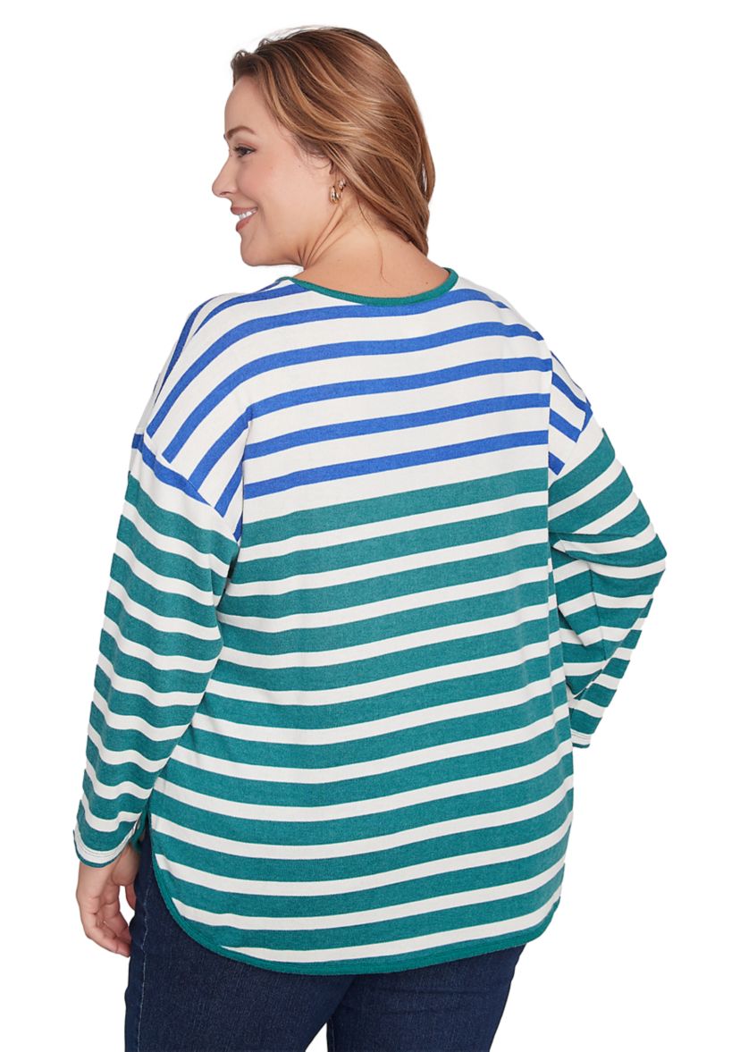 Plus Size Crew Neck Stripe Hatchi Knit Top