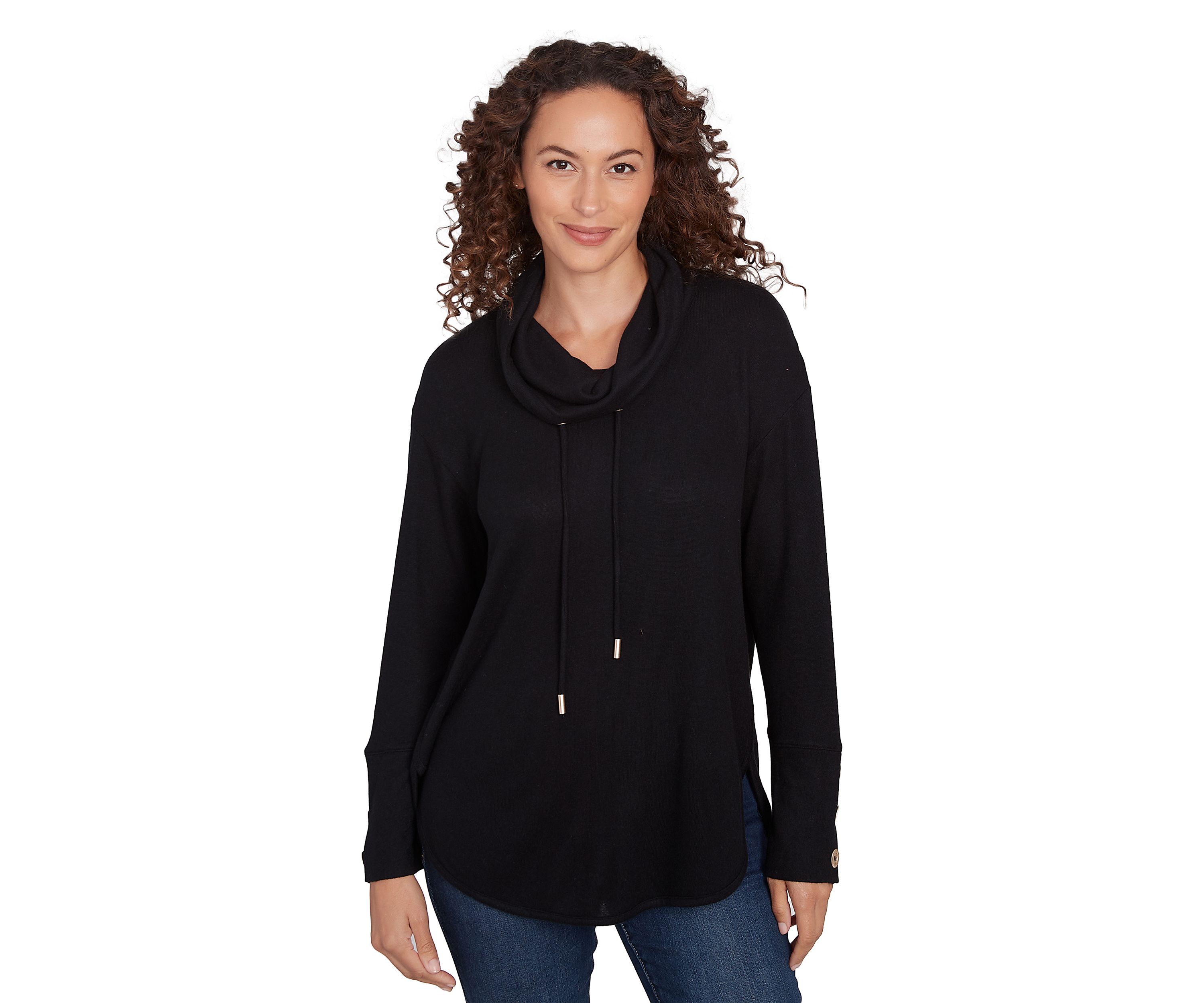 Petite Cowl Neck Solid Hatchi Knit Top