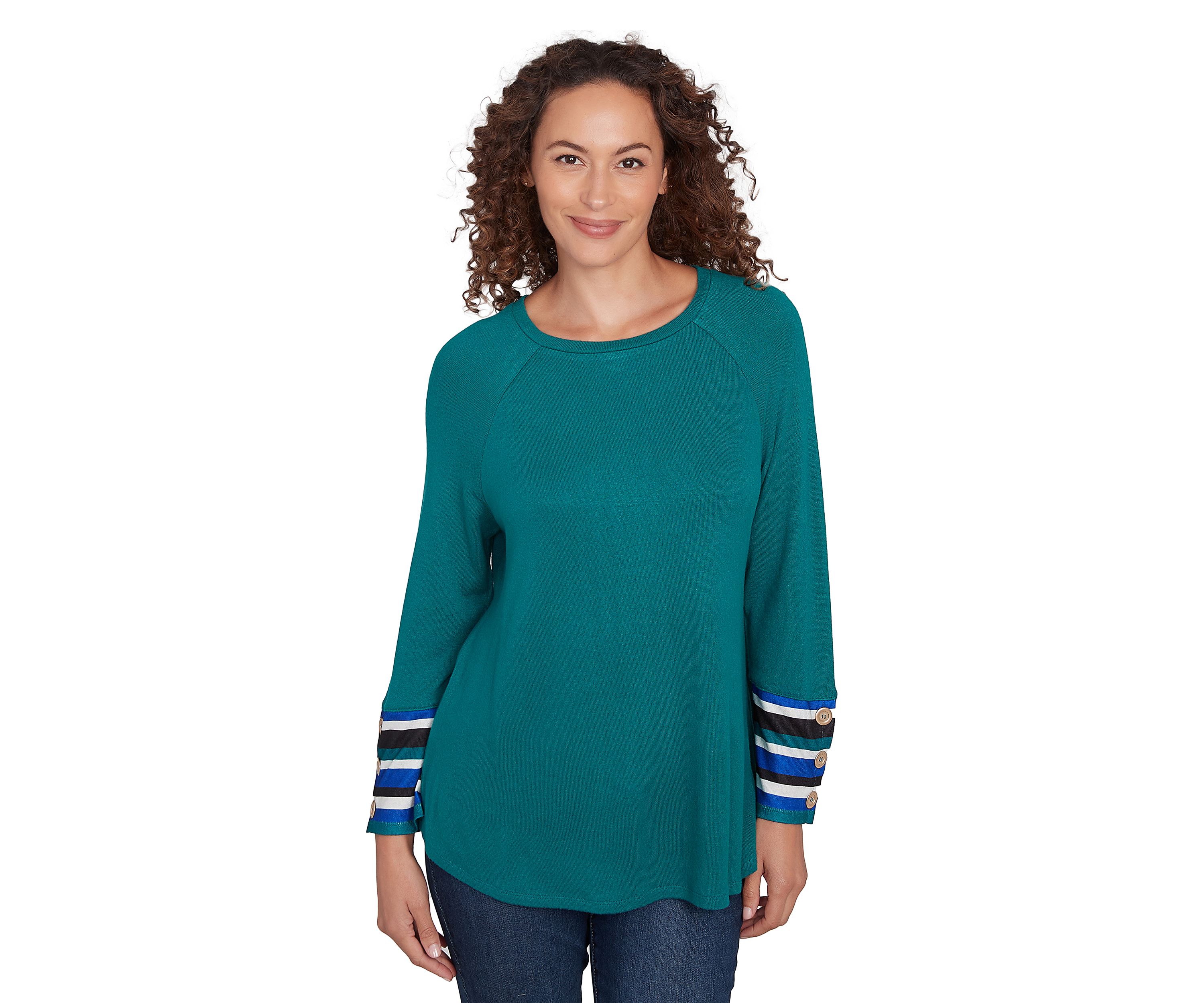 Petite Crew Neck Solid Hatchi Knit Top With Striped Cuff Detail