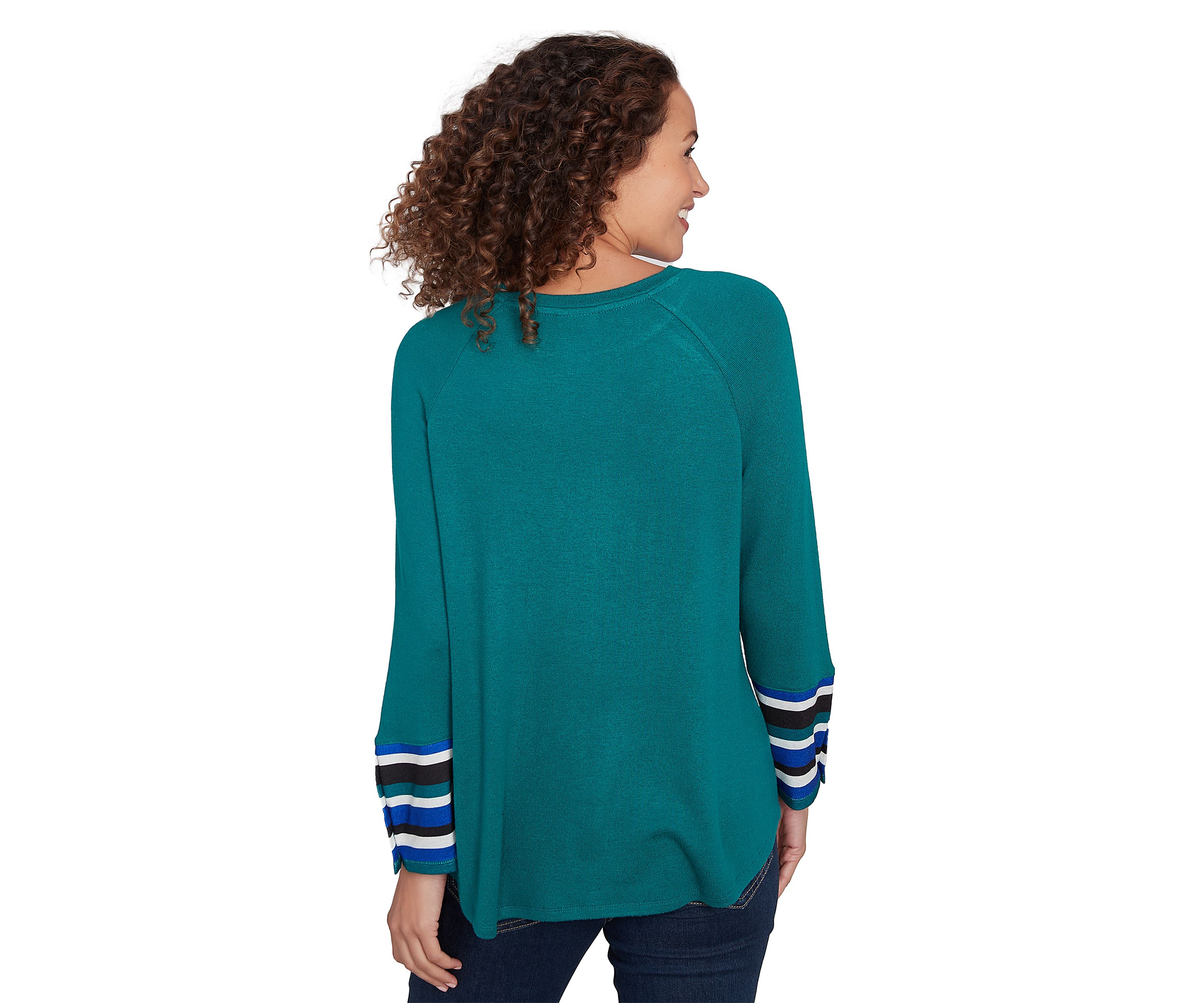 Petite Crew Neck Solid Hatchi Knit Top With Striped Cuff Detail