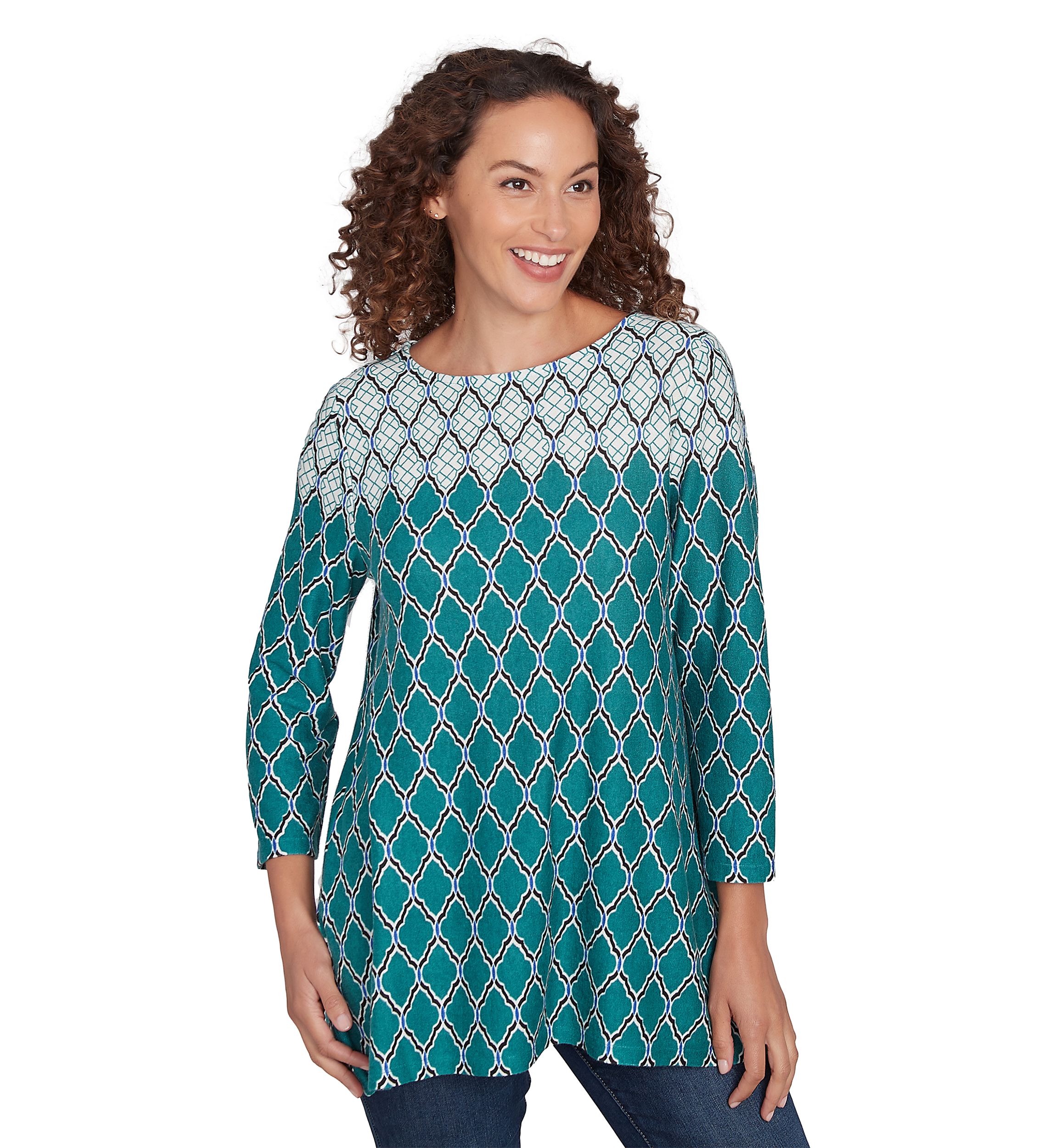 Petite Ballet Neck Scalloped Medallion Border Print Hatchi Sharkbite Top