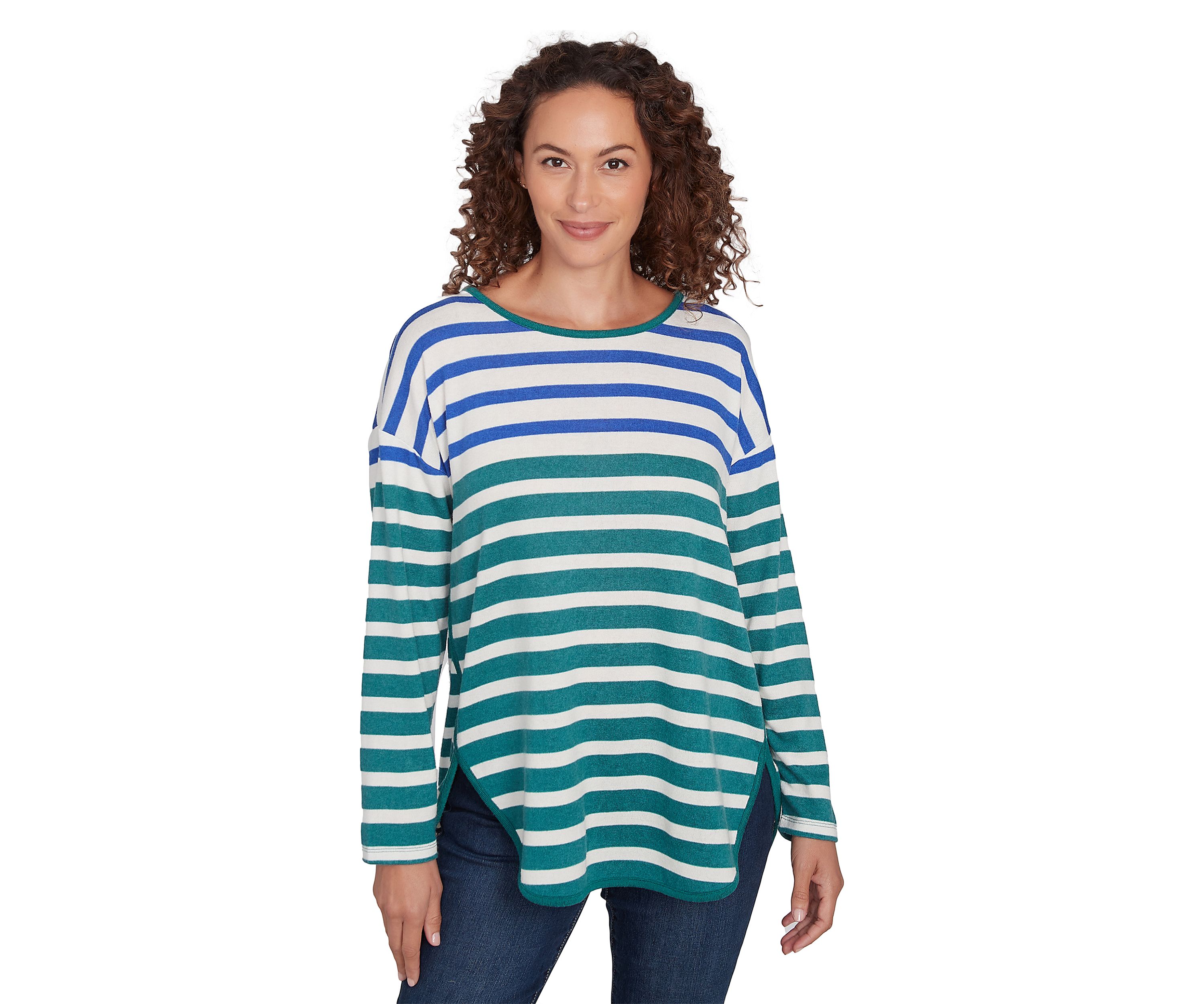 Petite Crew Neck Stripe Hatchi Knit Top