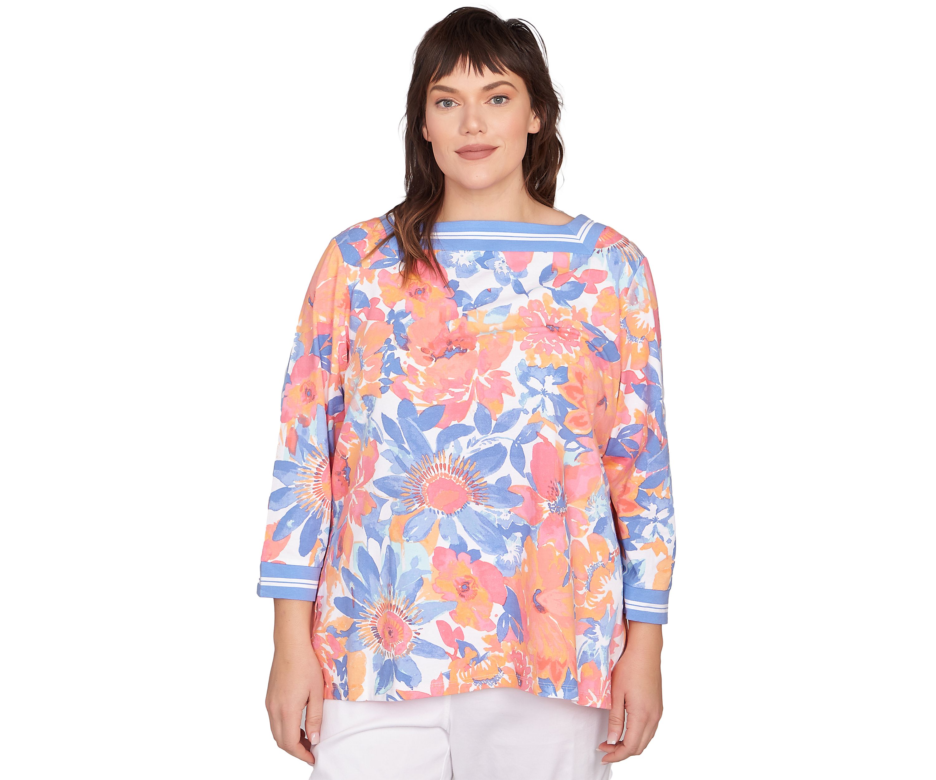 Plus Size Square Neck Floral Striped Trim Top