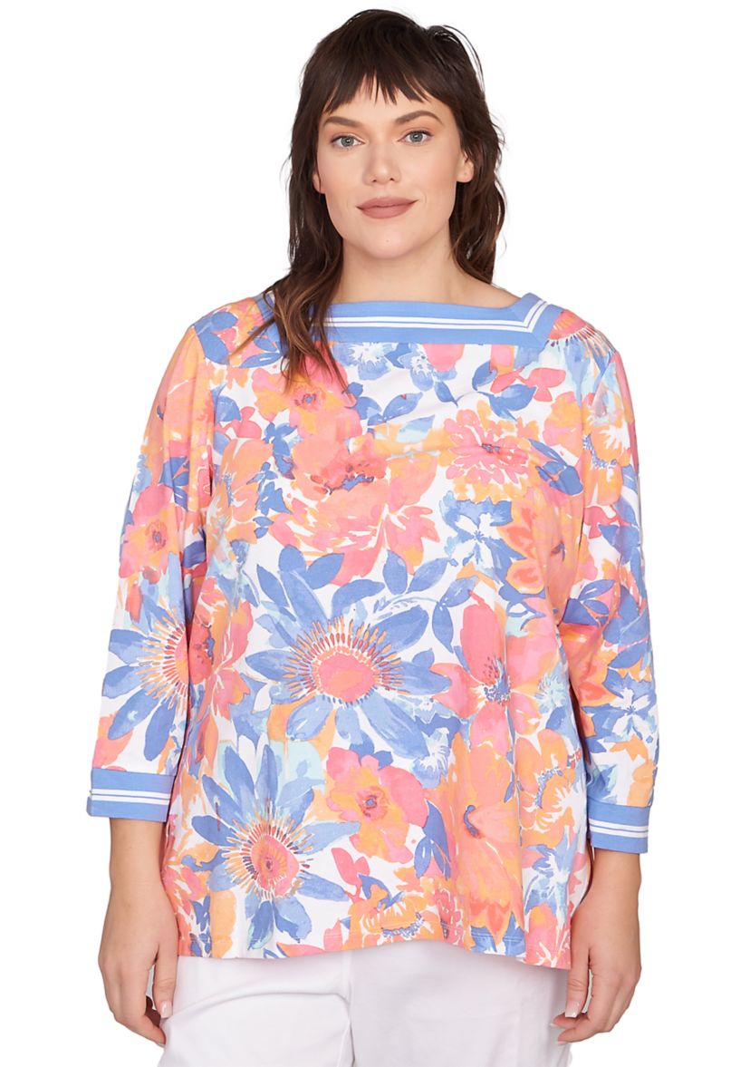 Plus Size Square Neck Floral Striped Trim Top