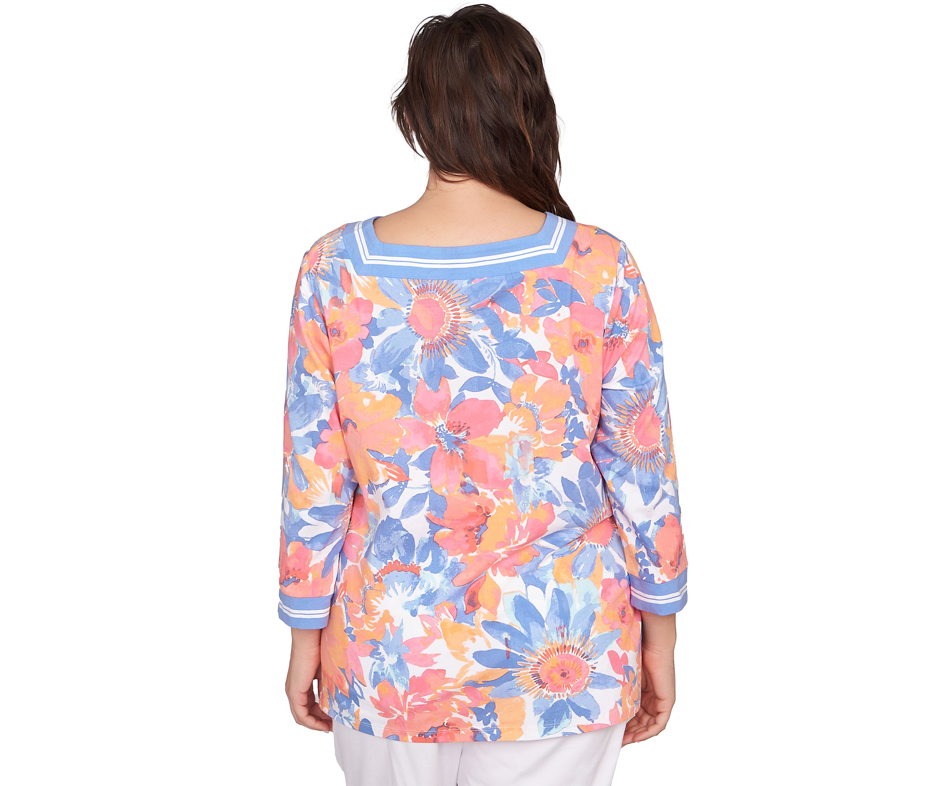 Plus Size Square Neck Floral Striped Trim Top