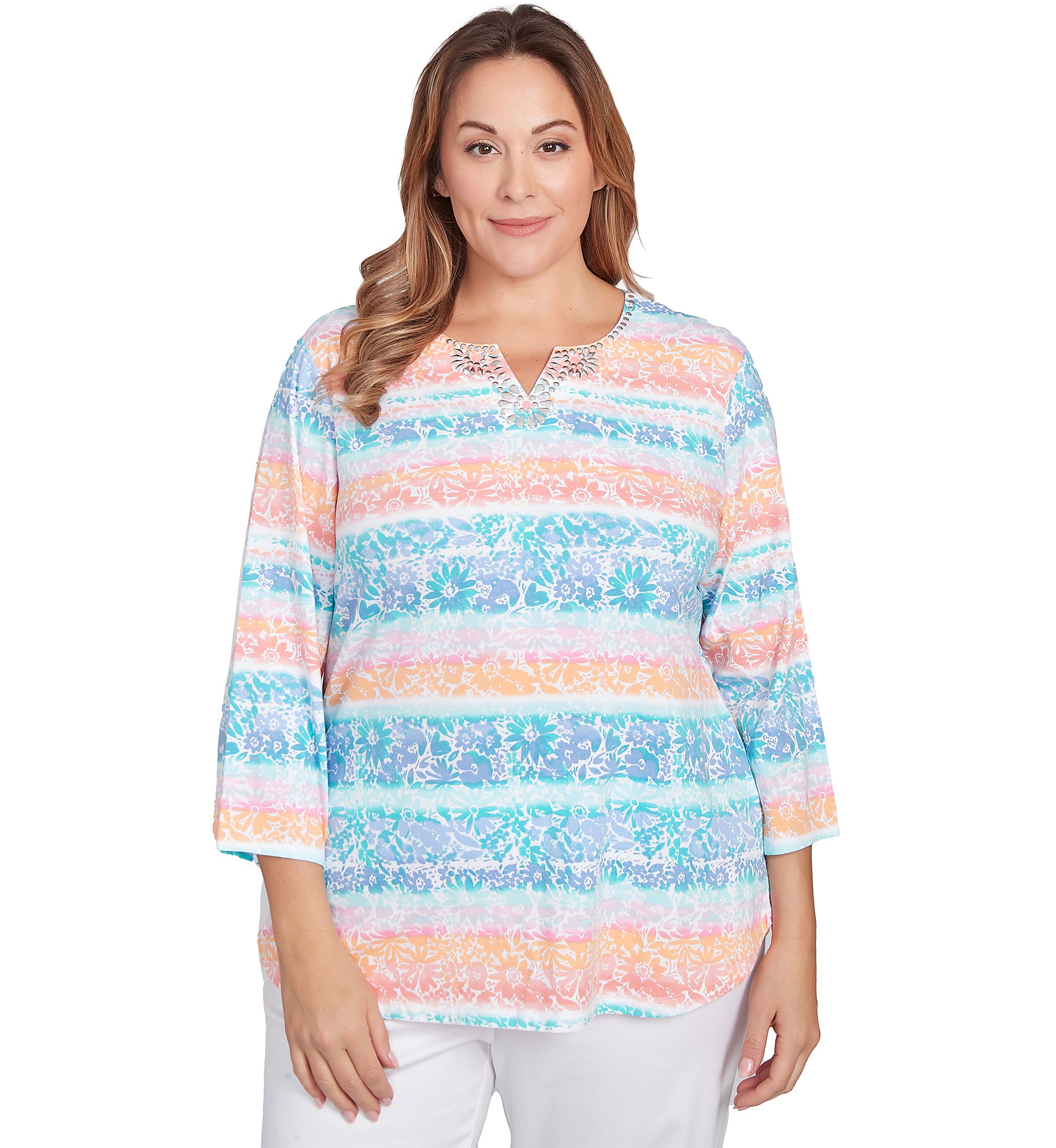 Plus Size Embellished Watercolor Stripe Print Top