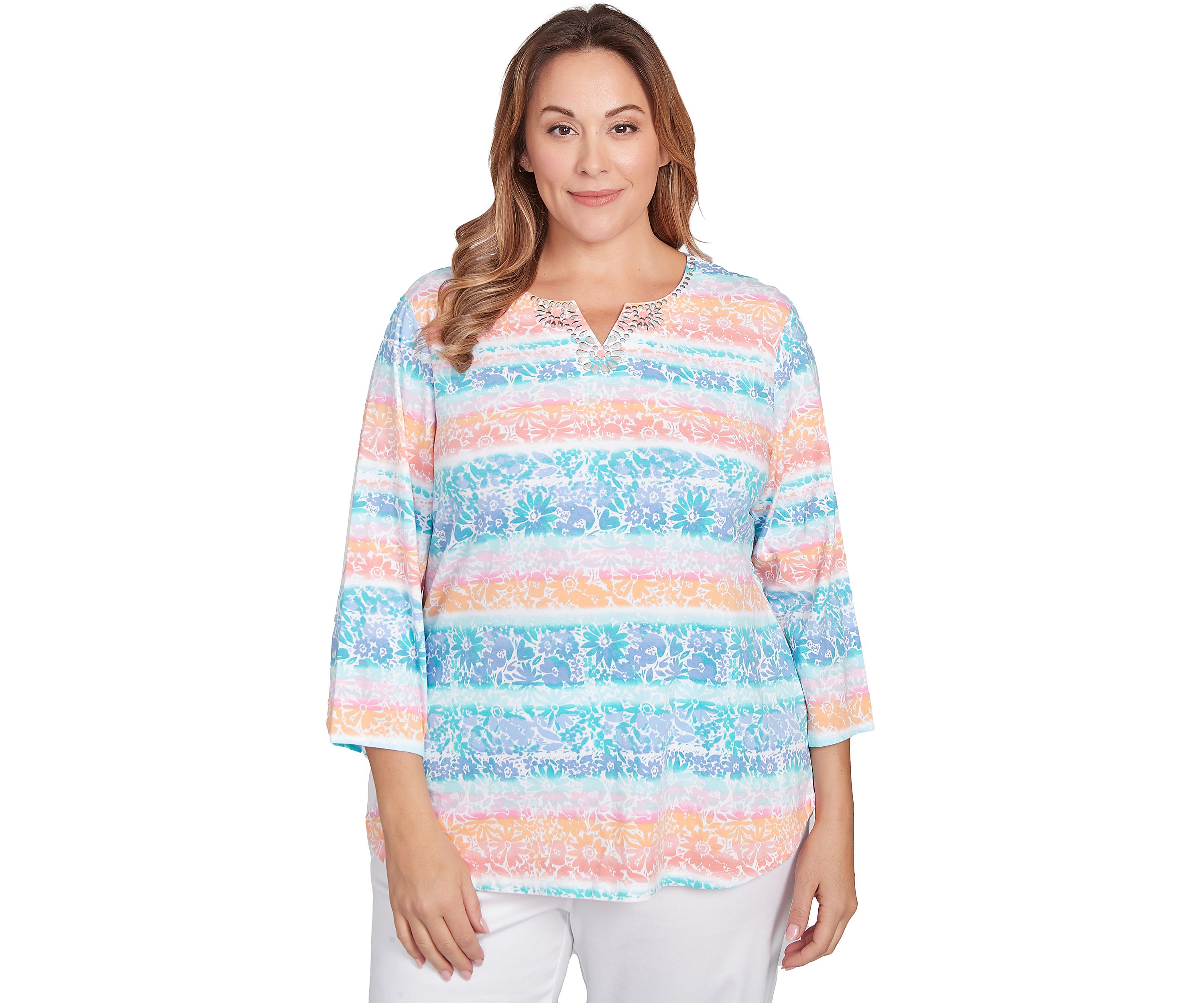 Plus Size Embellished Watercolor Stripe Print Top