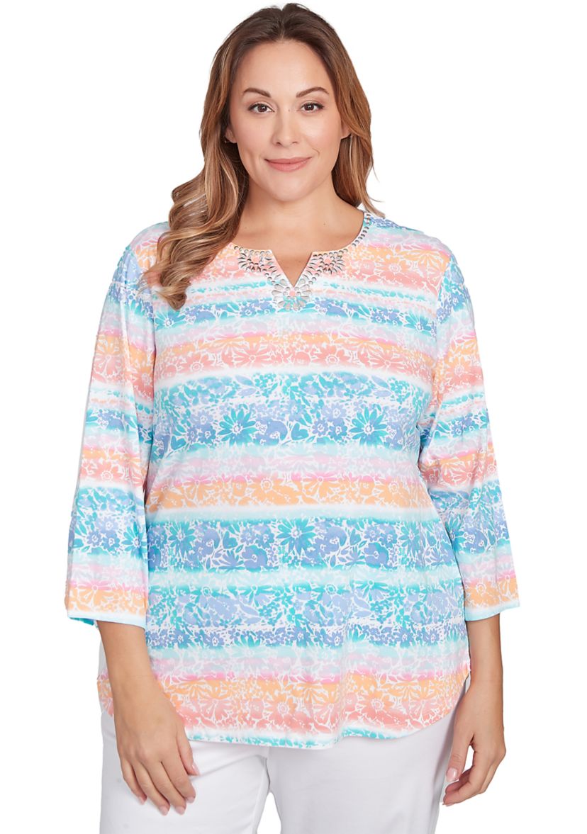 Plus Size Embellished Watercolor Stripe Print Top