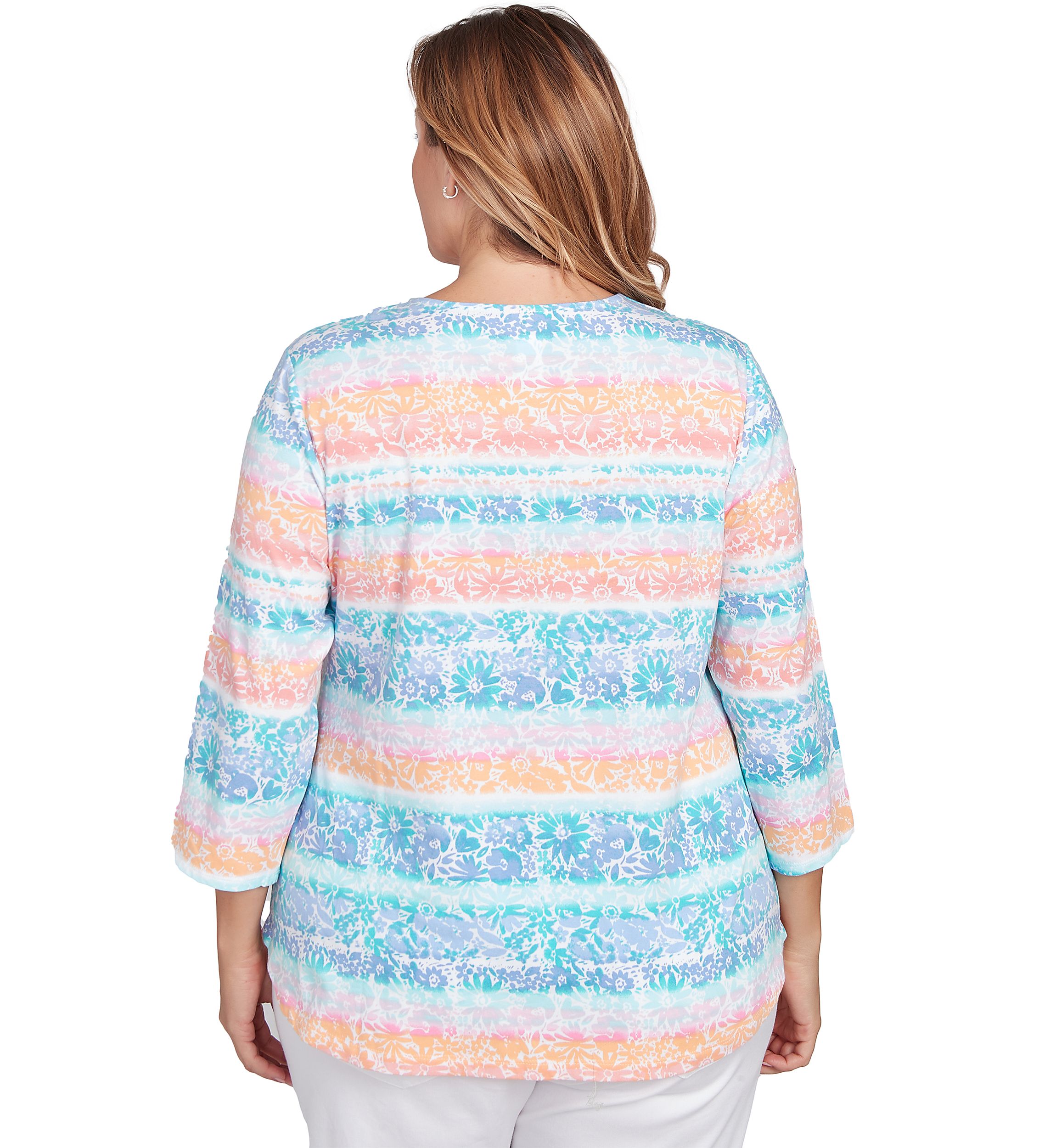 Plus Size Embellished Watercolor Stripe Print Top