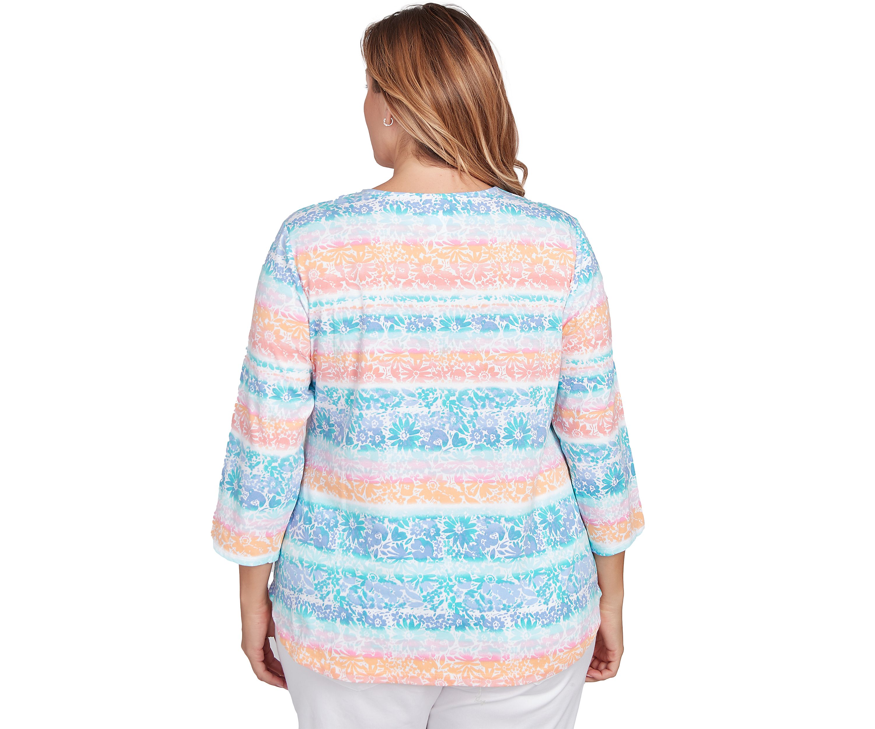 Plus Size Embellished Watercolor Stripe Print Top