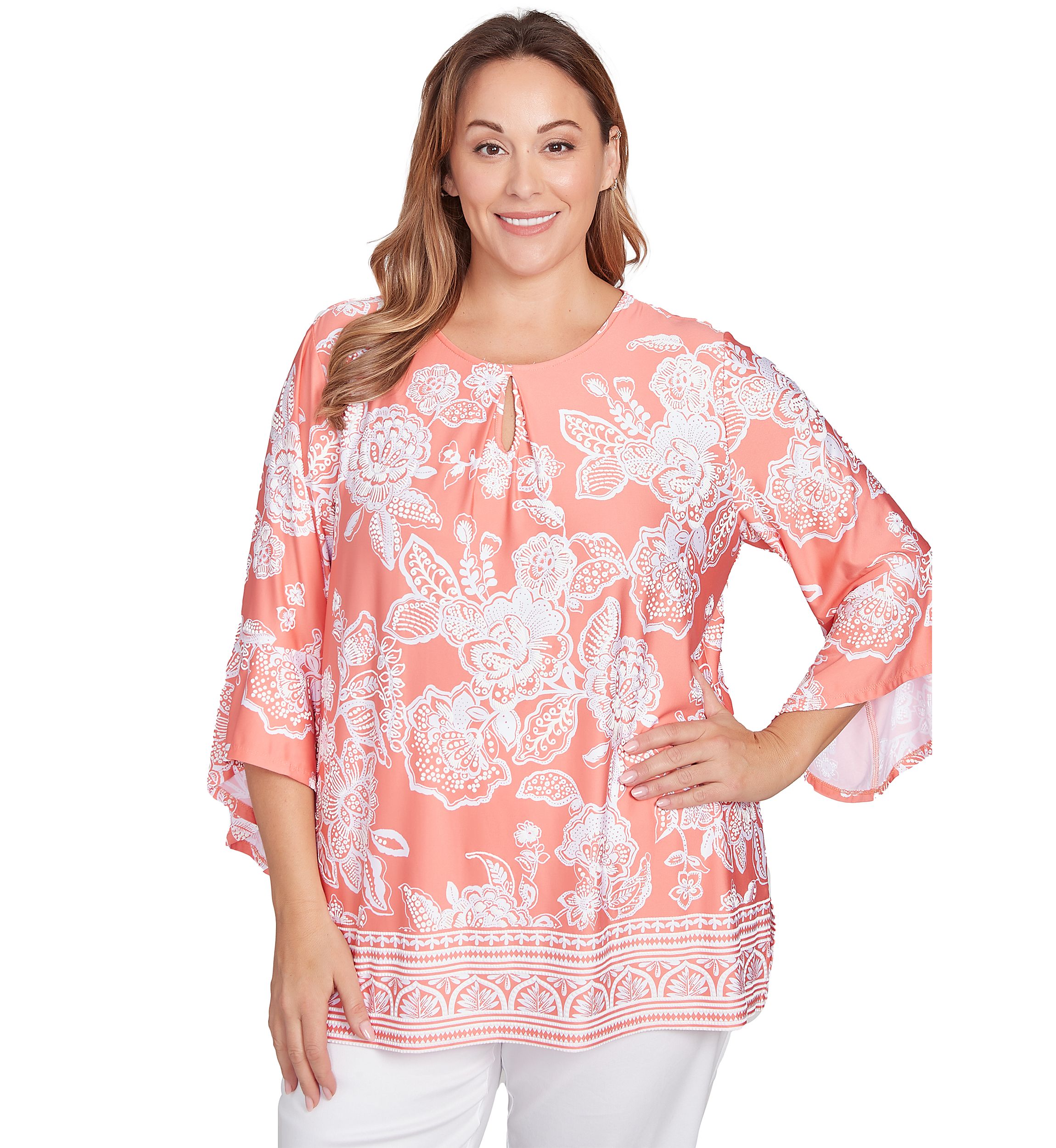 Plus Size Floral Border Puff Print Ruffle Top