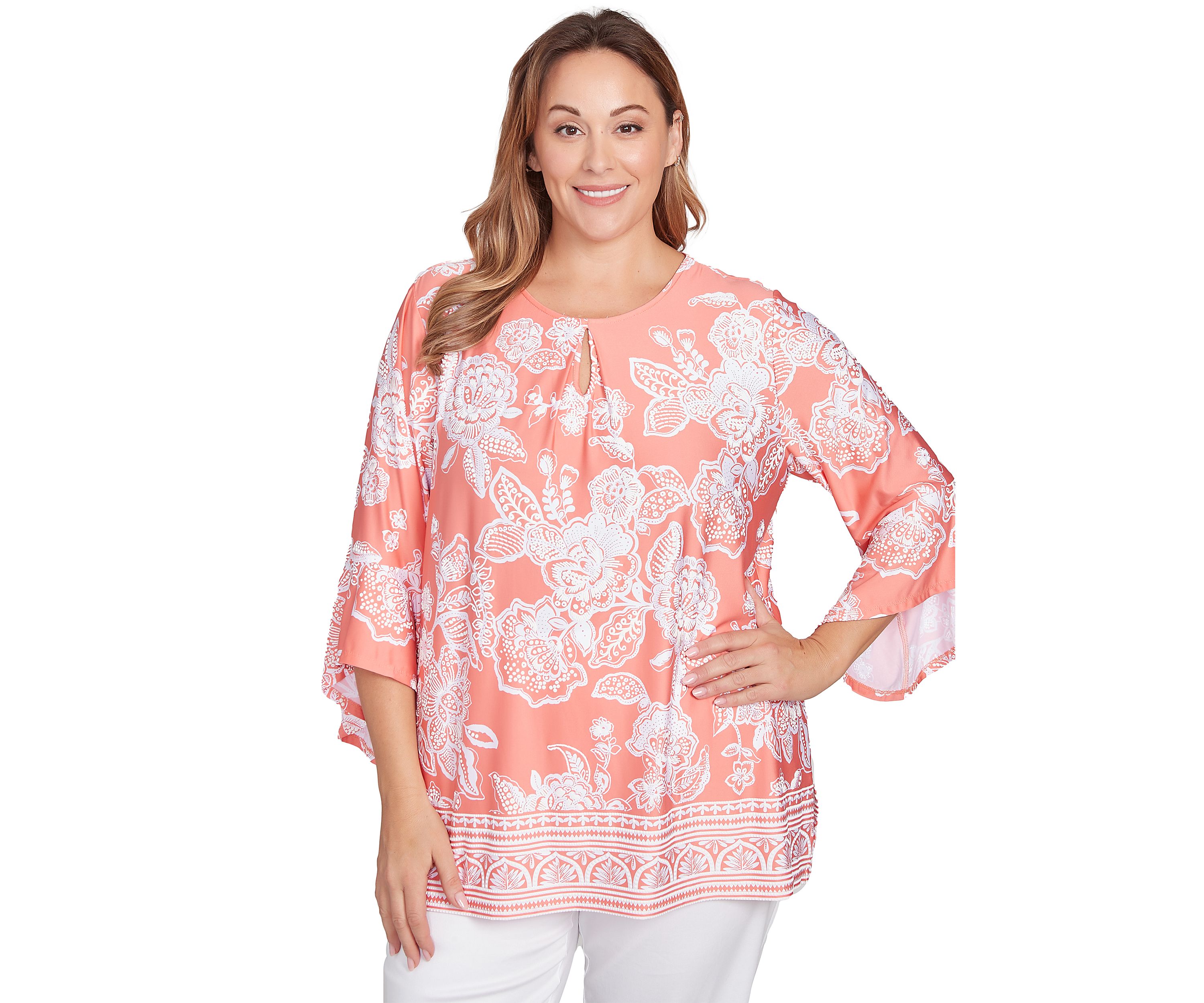 Plus Size Floral Border Puff Print Ruffle Top