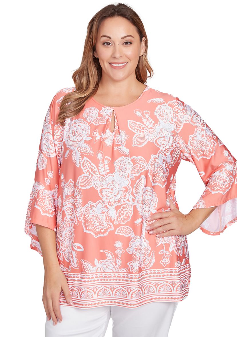 Plus Size Floral Border Puff Print Ruffle Top