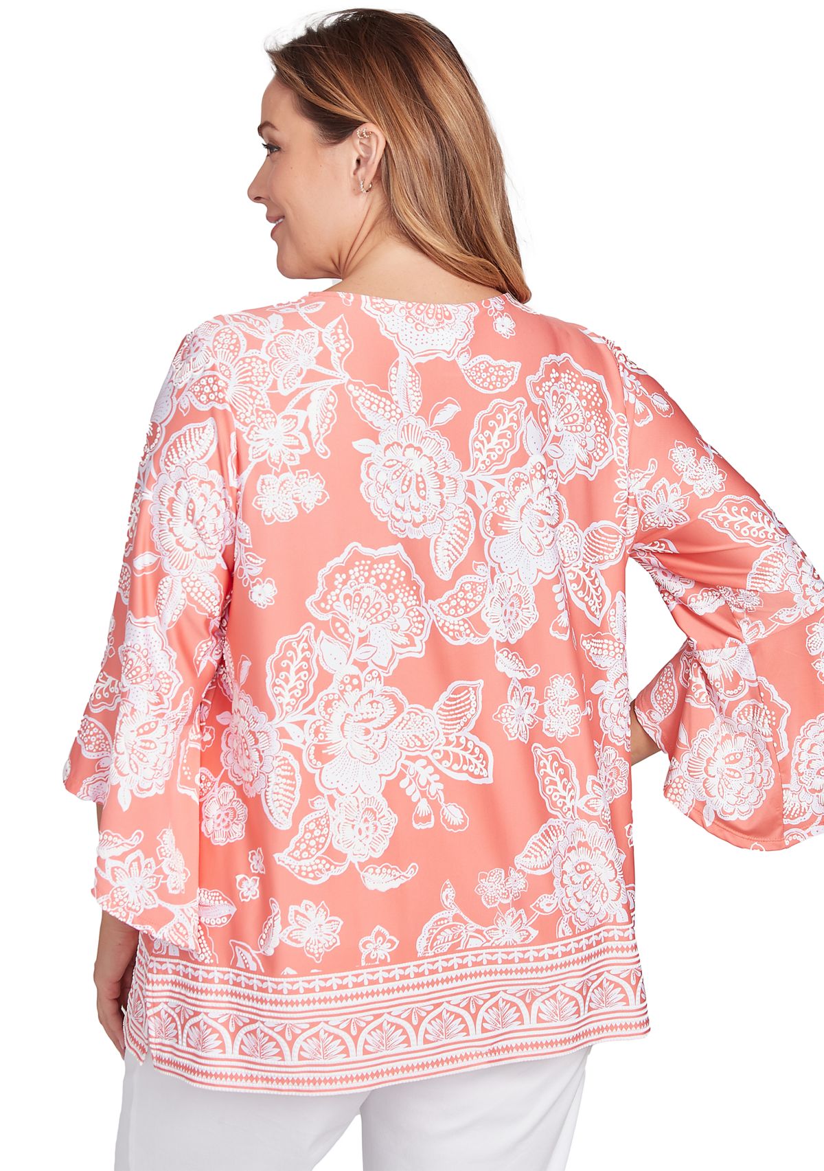 Plus Size Floral Border Puff Print Ruffle Top