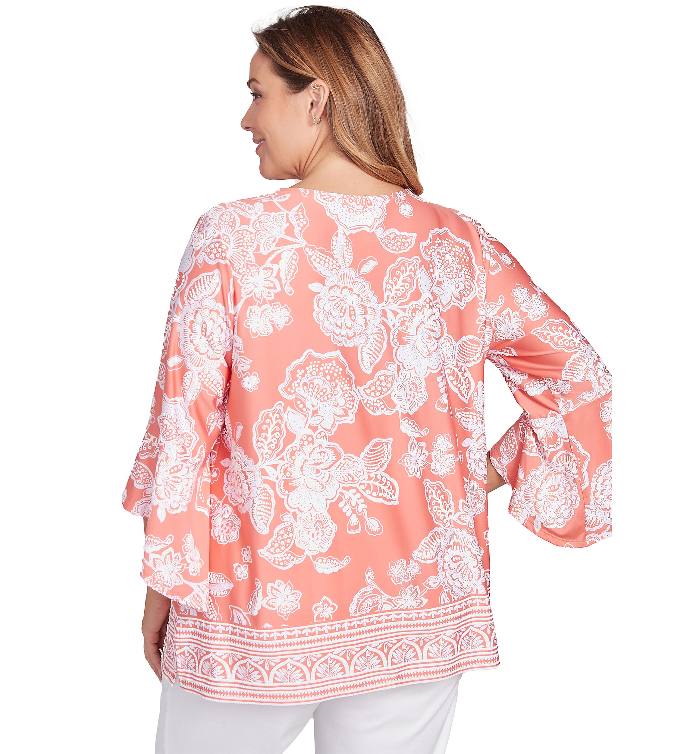 Plus Size Floral Border Puff Print Ruffle Top