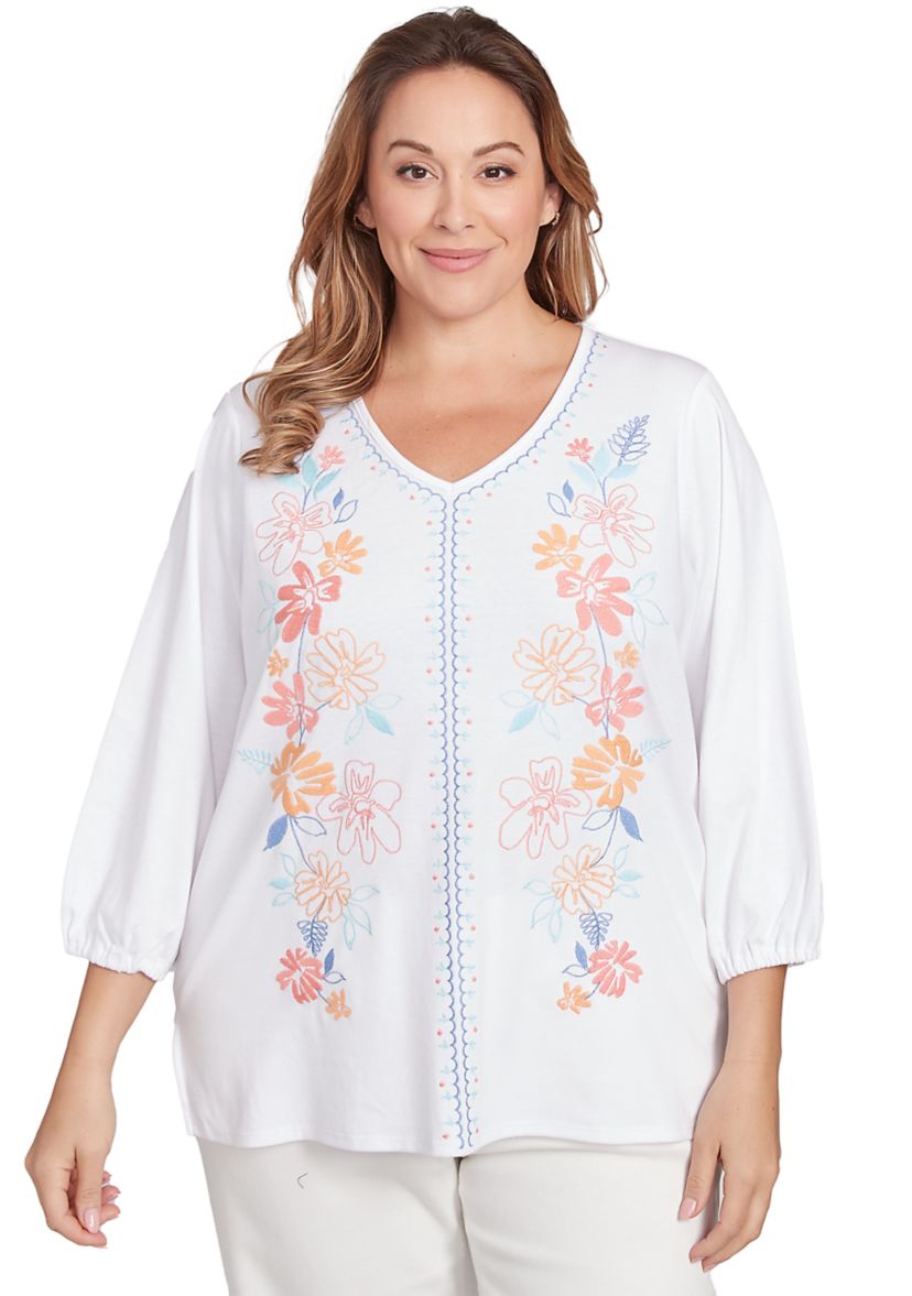 Plus Size Floral Embroidered Solid Knit Top