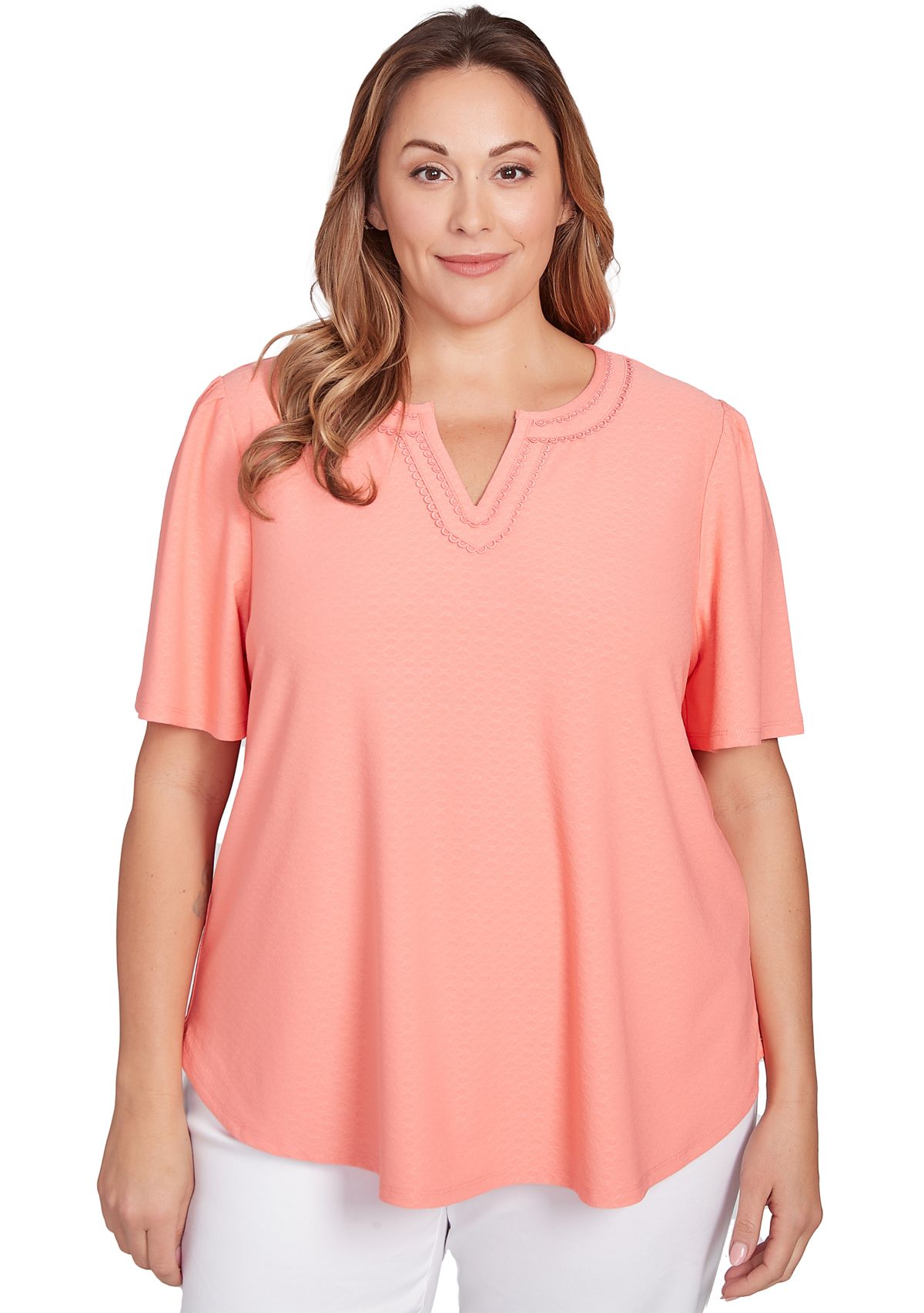 Plus Size Scoop Neck Texture Solid Knit Top With Short Ruffle Sleeves