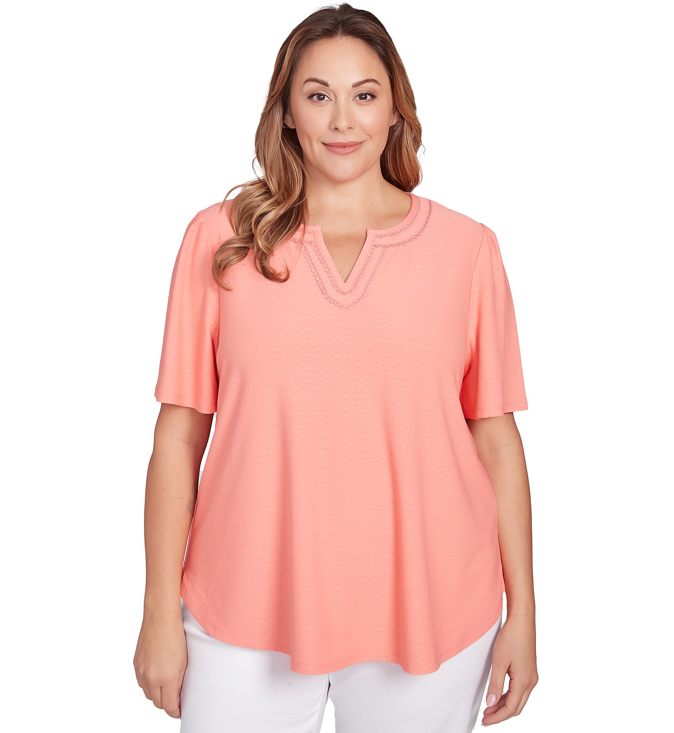 Plus Size Scoop Neck Texture Solid Knit Top With Short Ruffle Sleeves