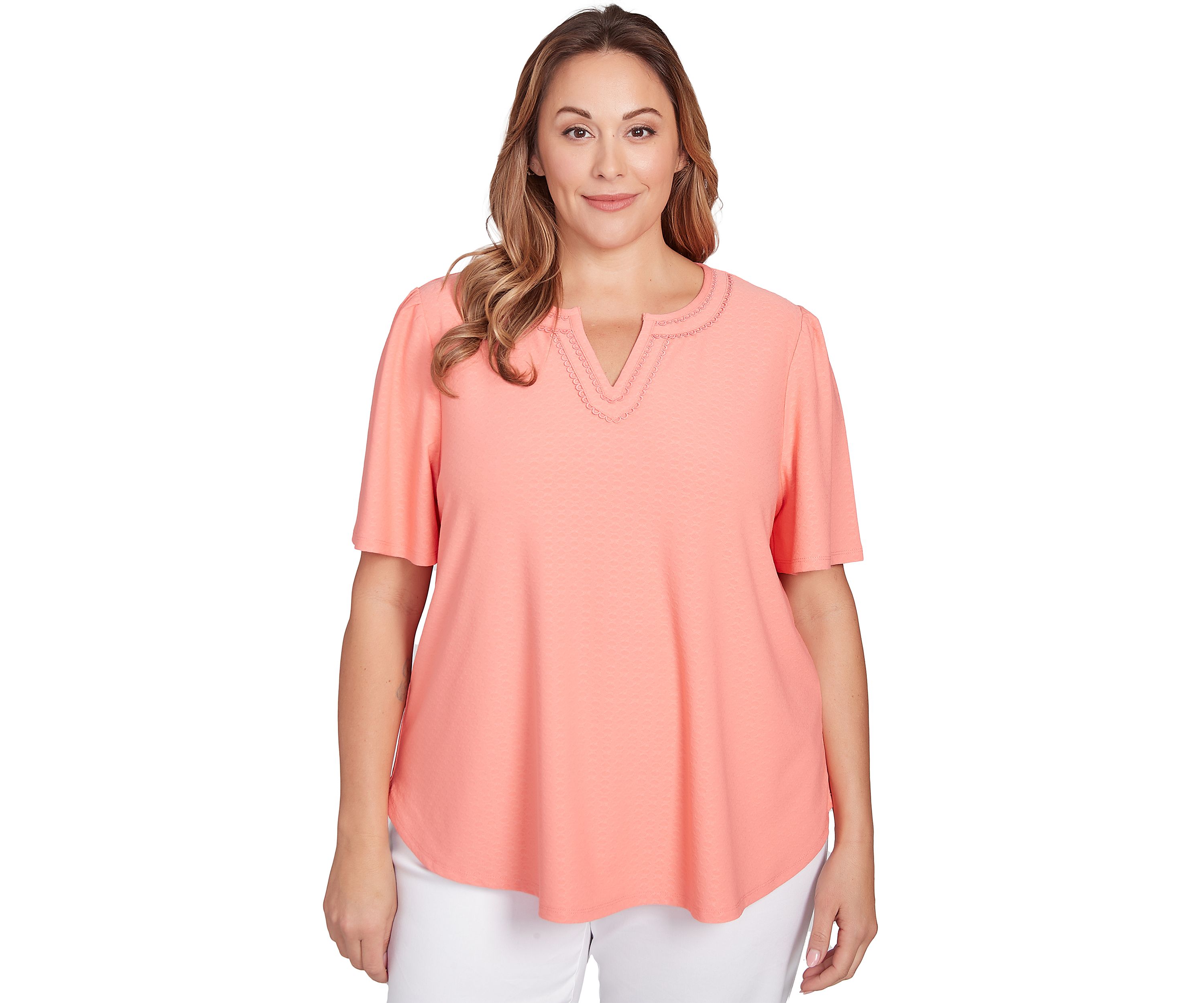 Plus Size Scoop Neck Texture Solid Knit Top With Short Ruffle Sleeves
