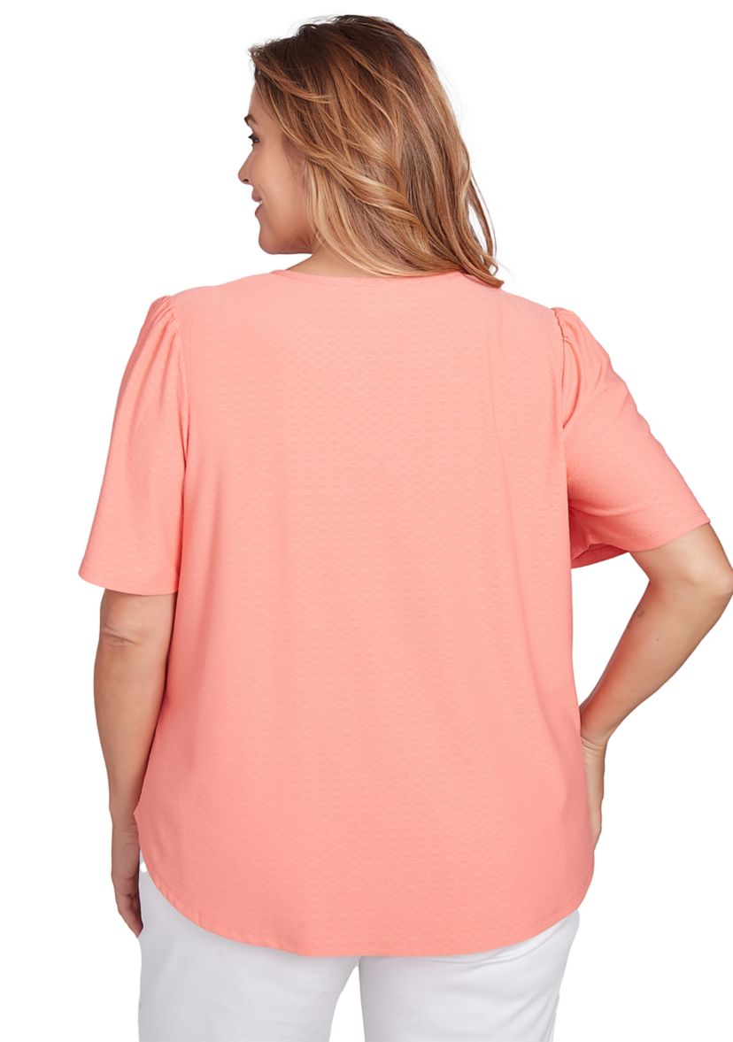 Plus Size Scoop Neck Texture Solid Knit Top With Short Ruffle Sleeves