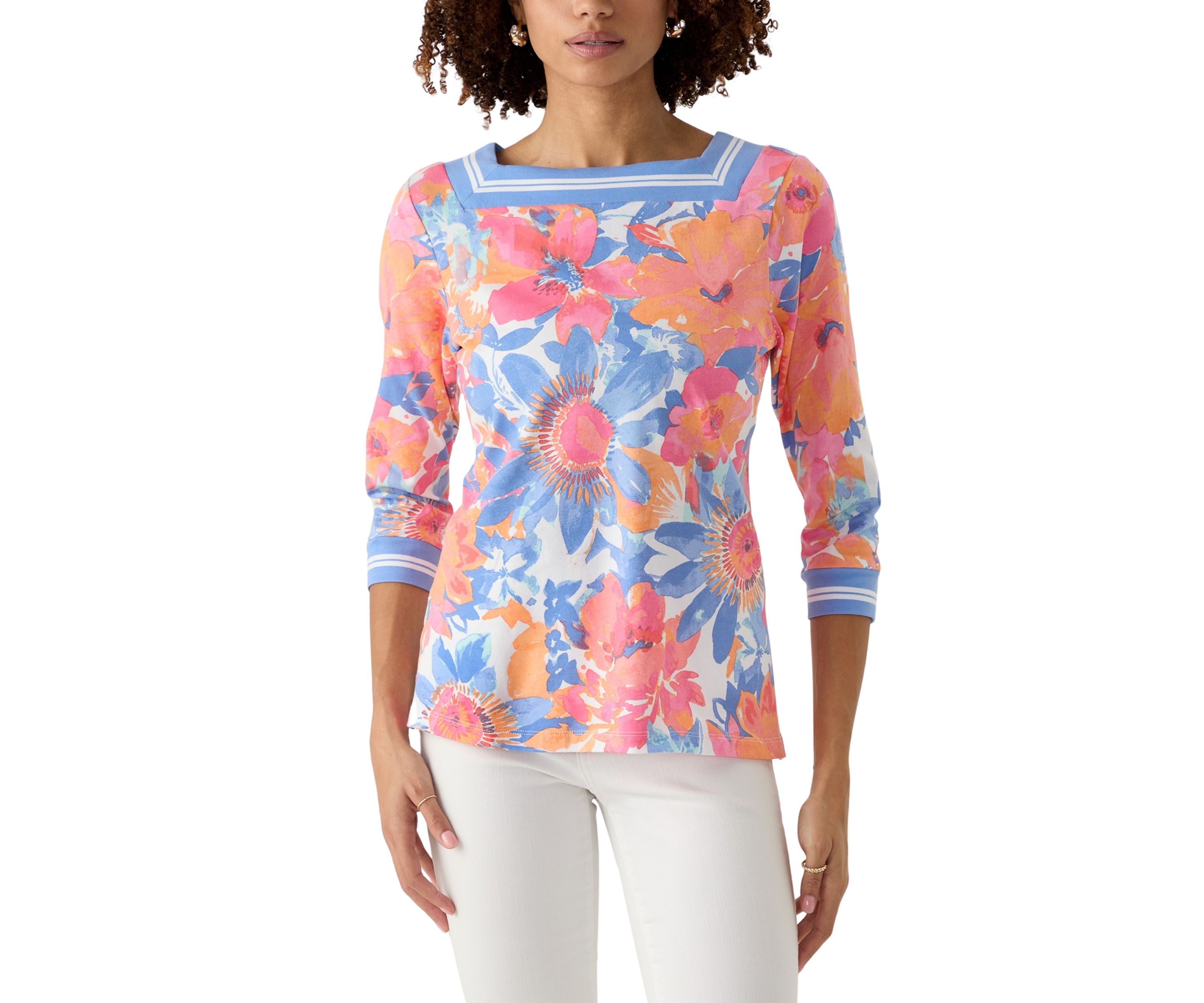 Petite Square Neck Floral Striped Trim Top