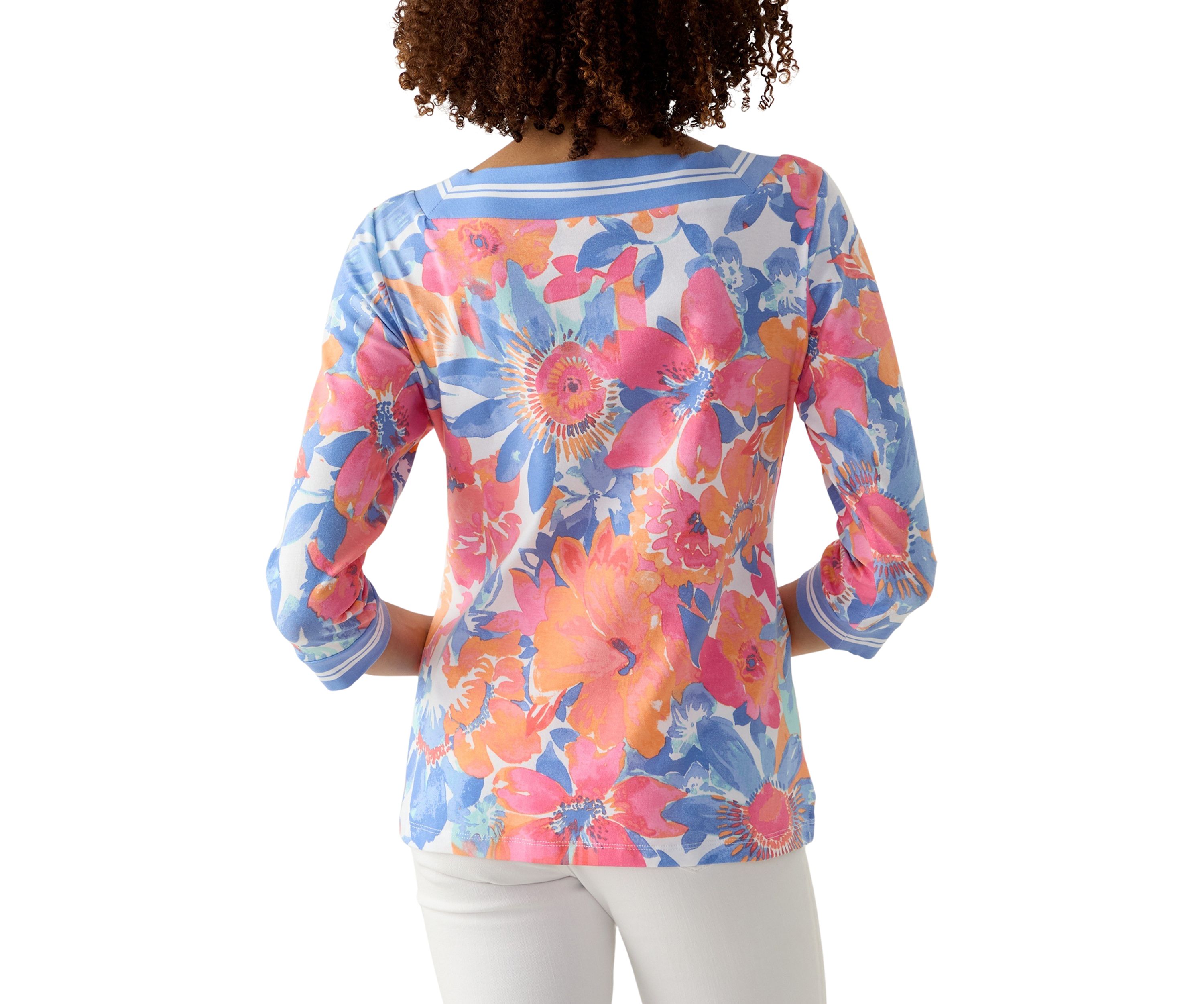 Petite Square Neck Floral Striped Trim Top
