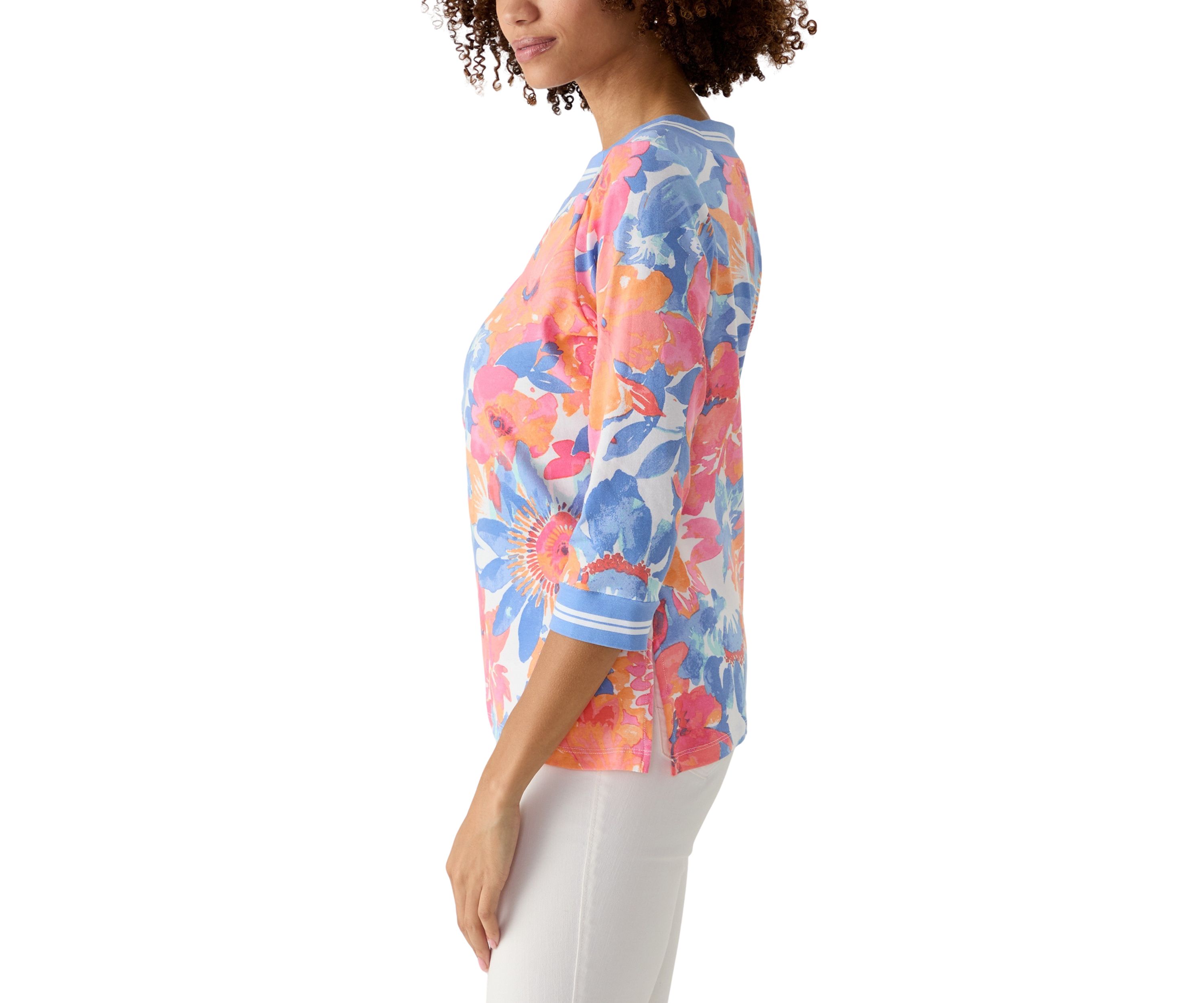 Petite Square Neck Floral Striped Trim Top