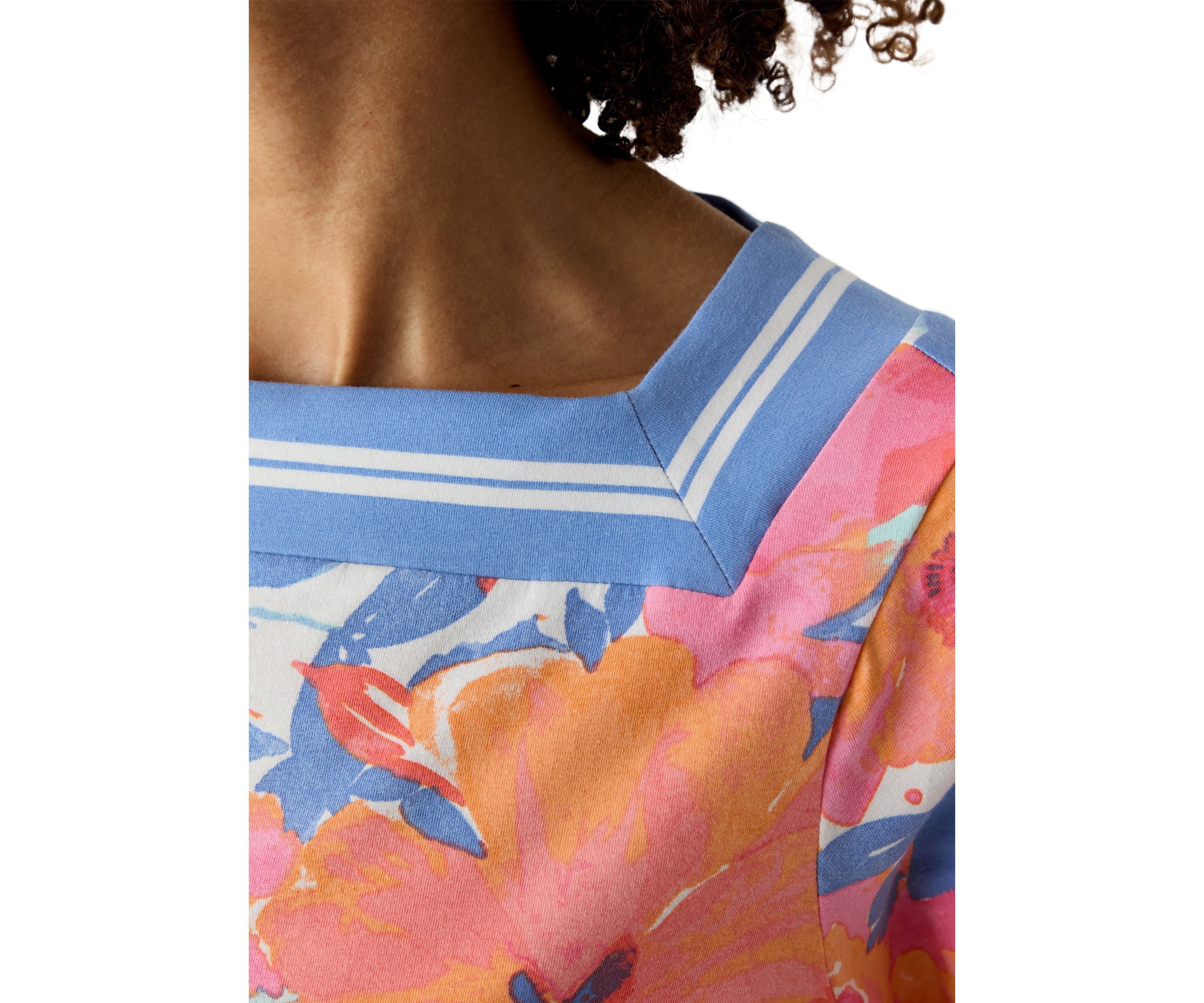Petite Square Neck Floral Striped Trim Top