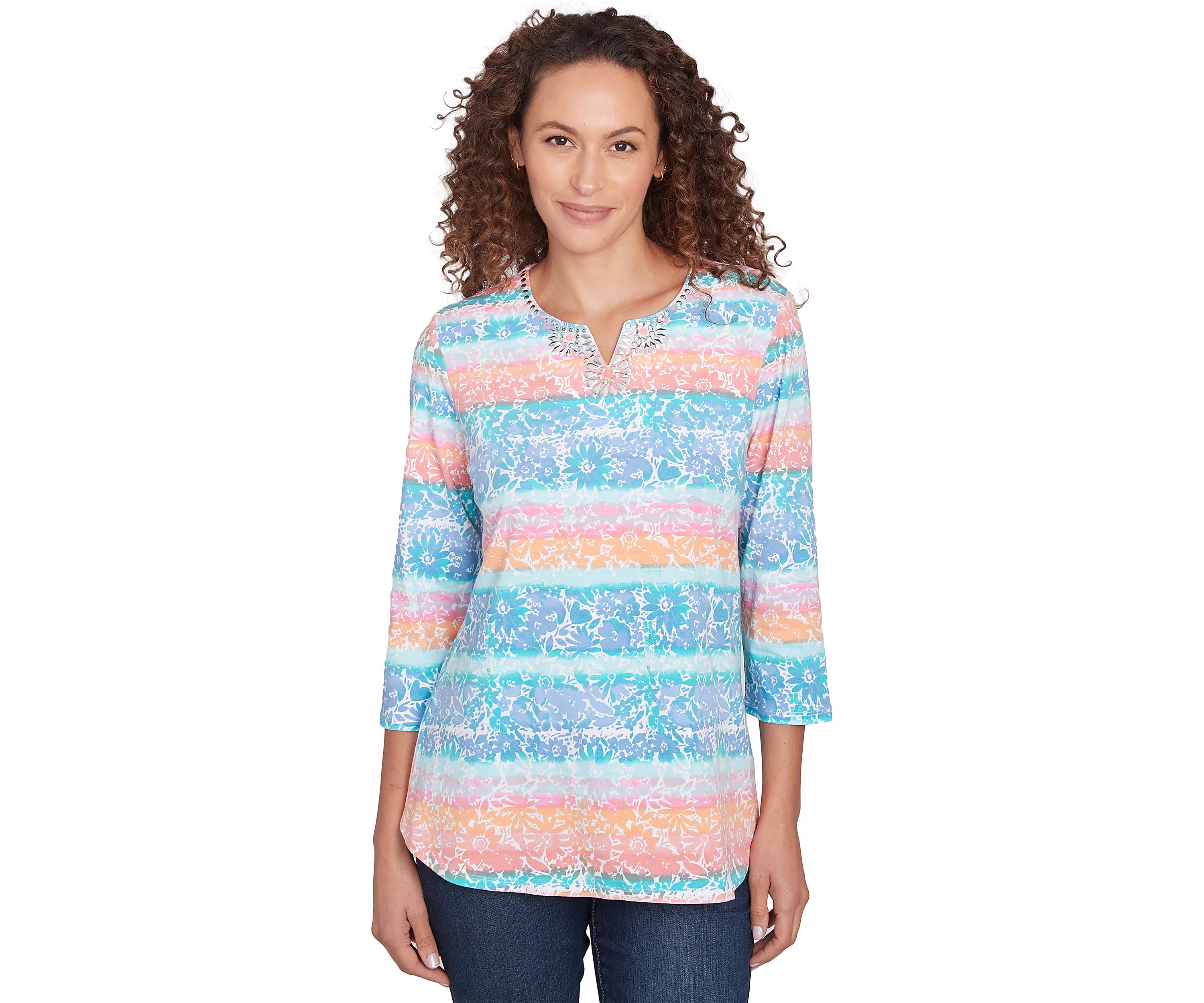 Petite Embellished Watercolor Stripe Print Top