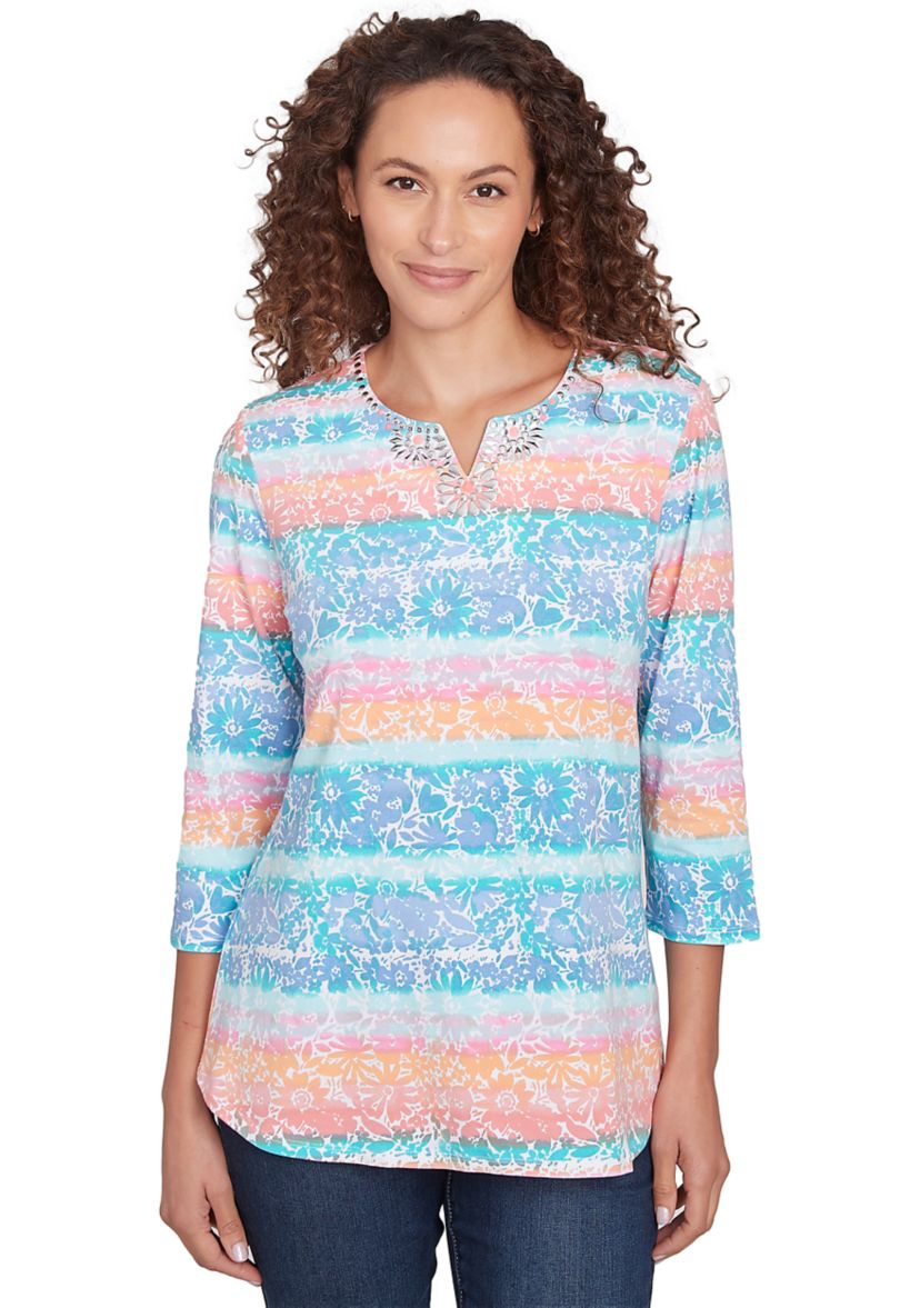 Petite Embellished Watercolor Stripe Print Top
