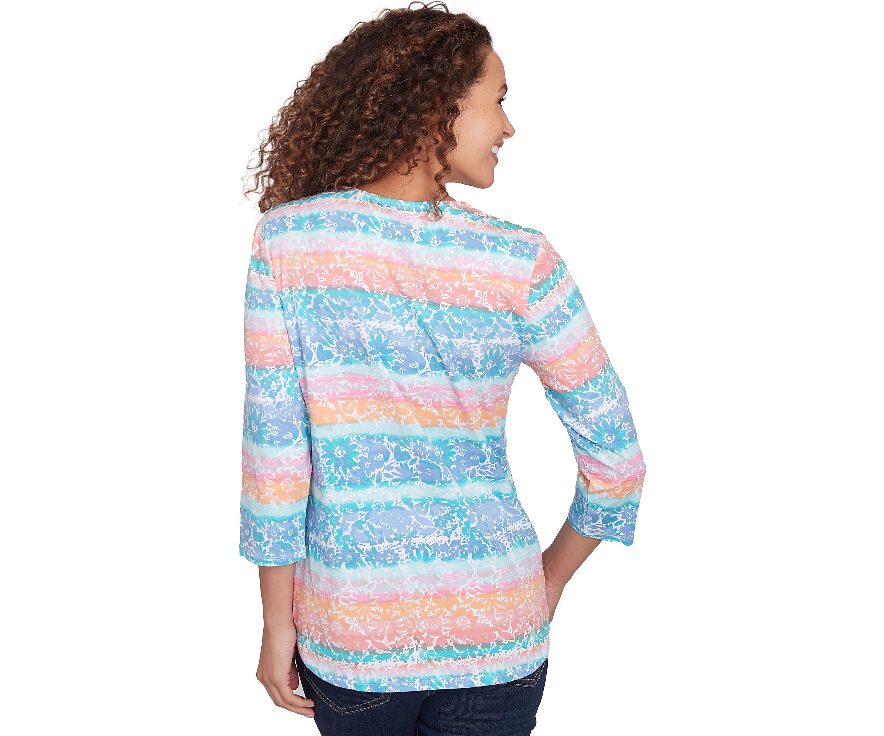 Petite Embellished Watercolor Stripe Print Top