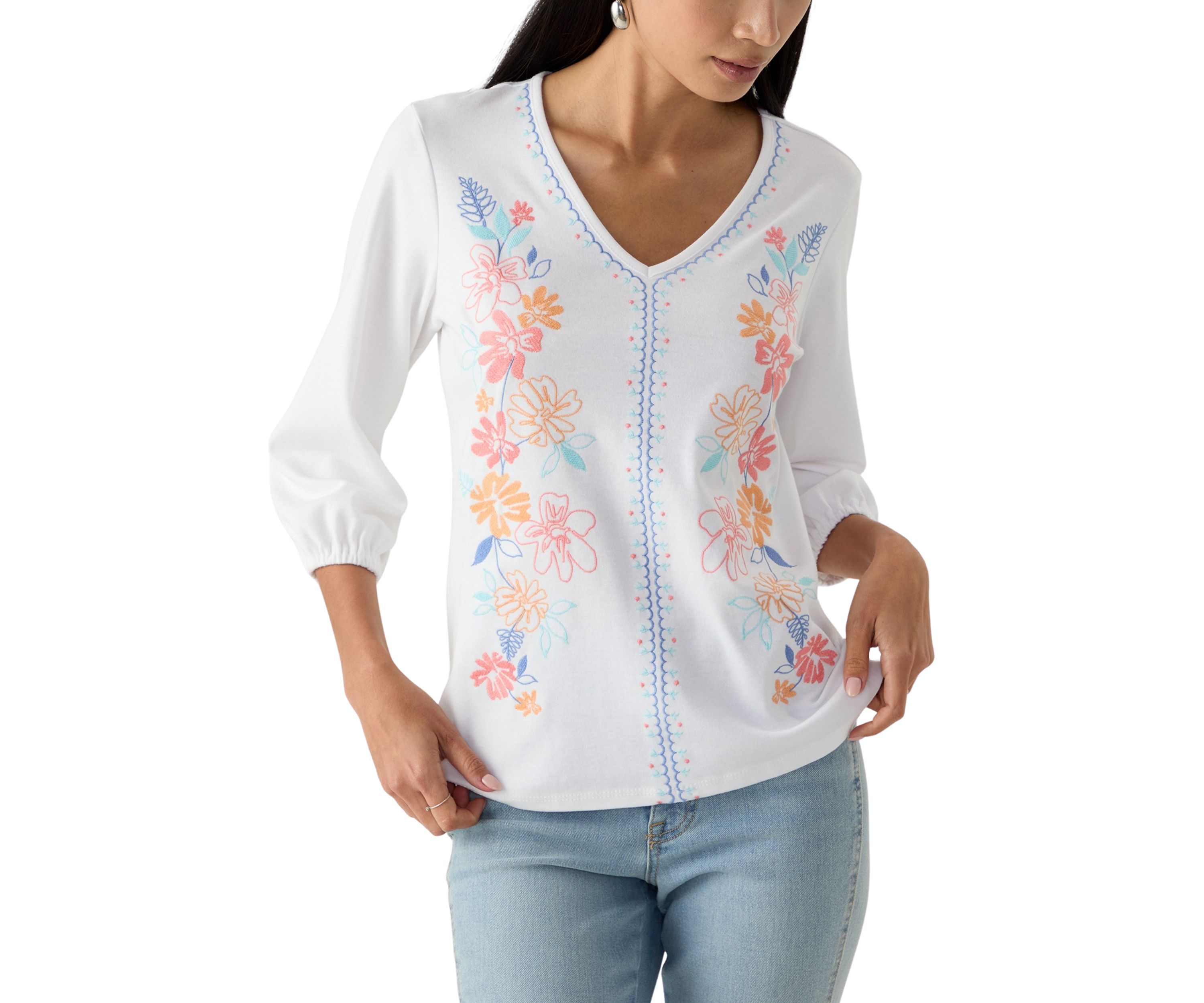 Petite Floral Embroidered Solid Knit Top
