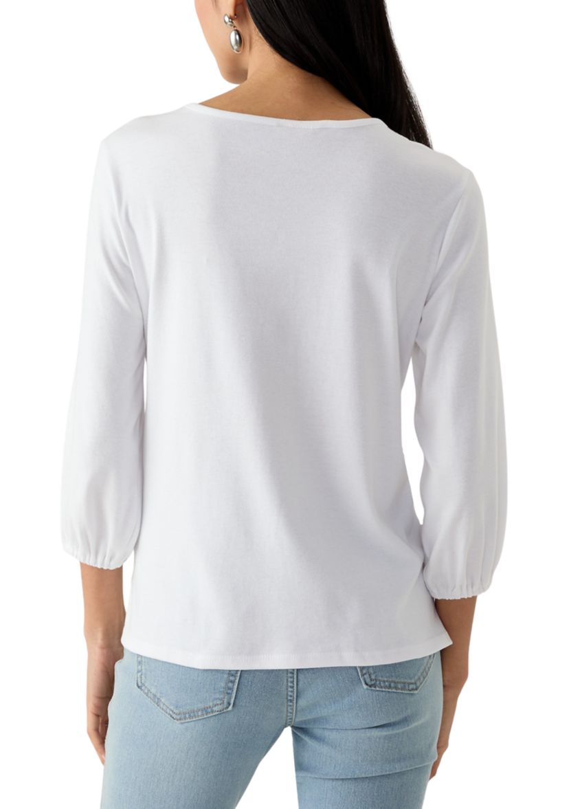 Petite Floral Embroidered Solid Knit Top