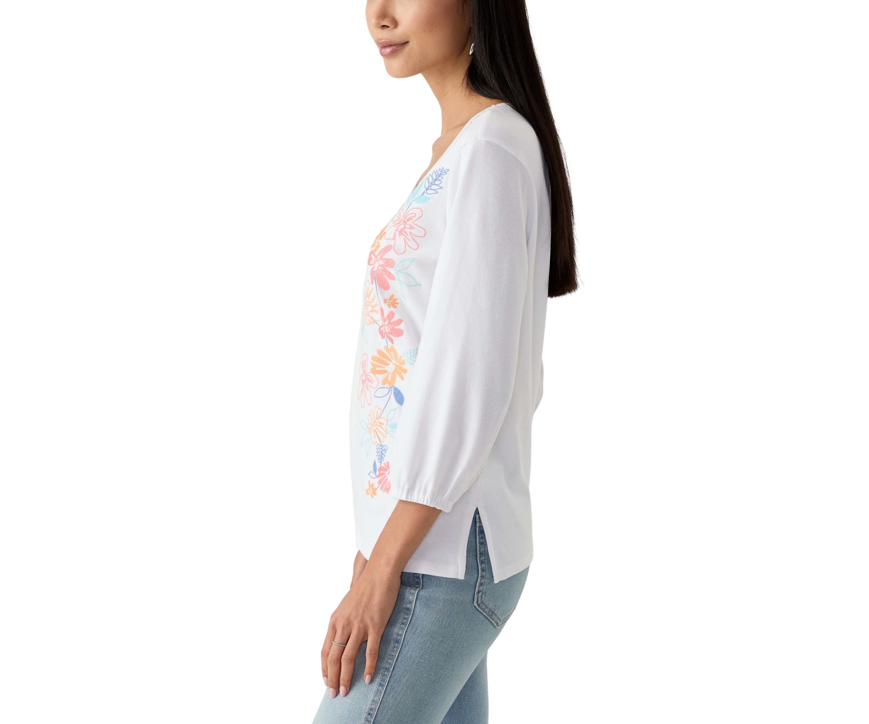 Petite Floral Embroidered Solid Knit Top