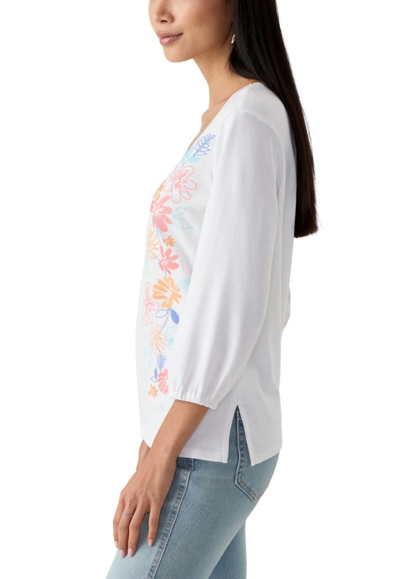 Petite Floral Embroidered Solid Knit Top