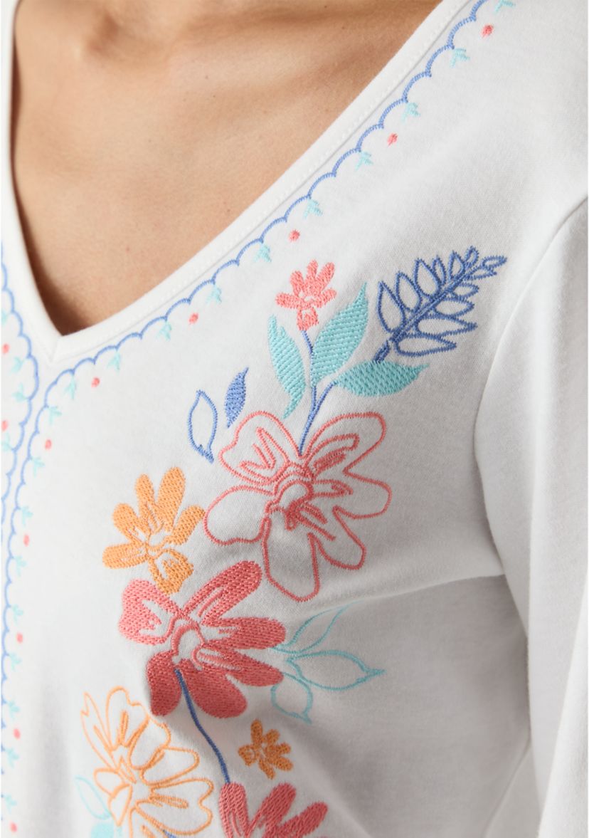 Petite Floral Embroidered Solid Knit Top