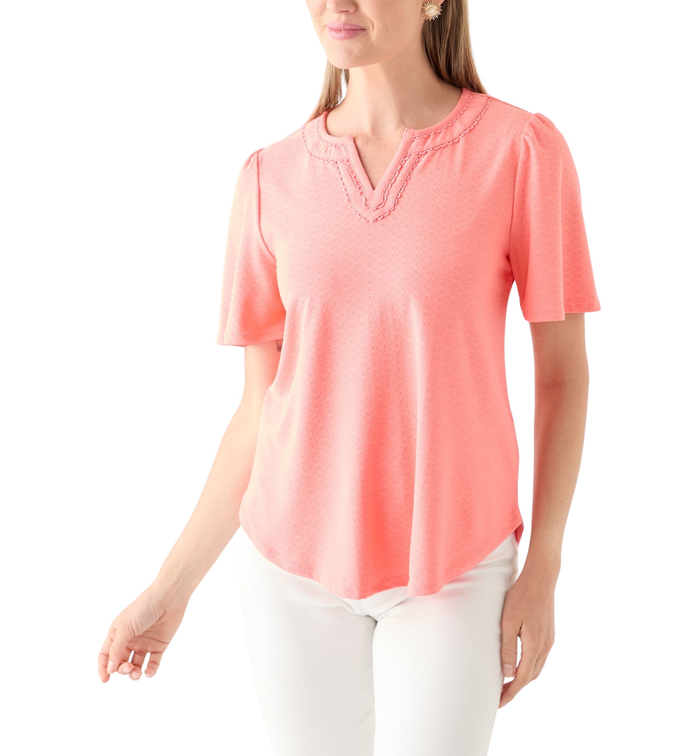 Petite Split Neck Texture Solid Knit Top With Short Ruffle Sleeves