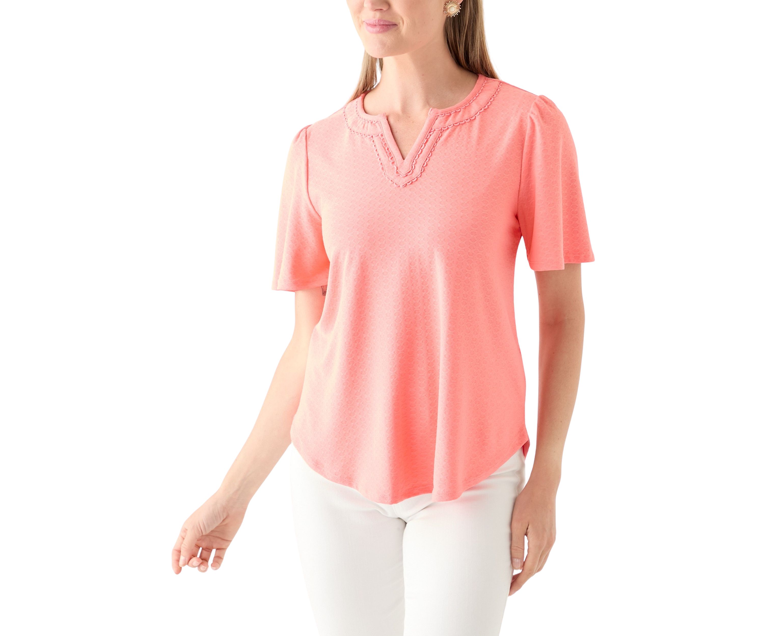 Petite Split Neck Texture Solid Knit Top With Short Ruffle Sleeves