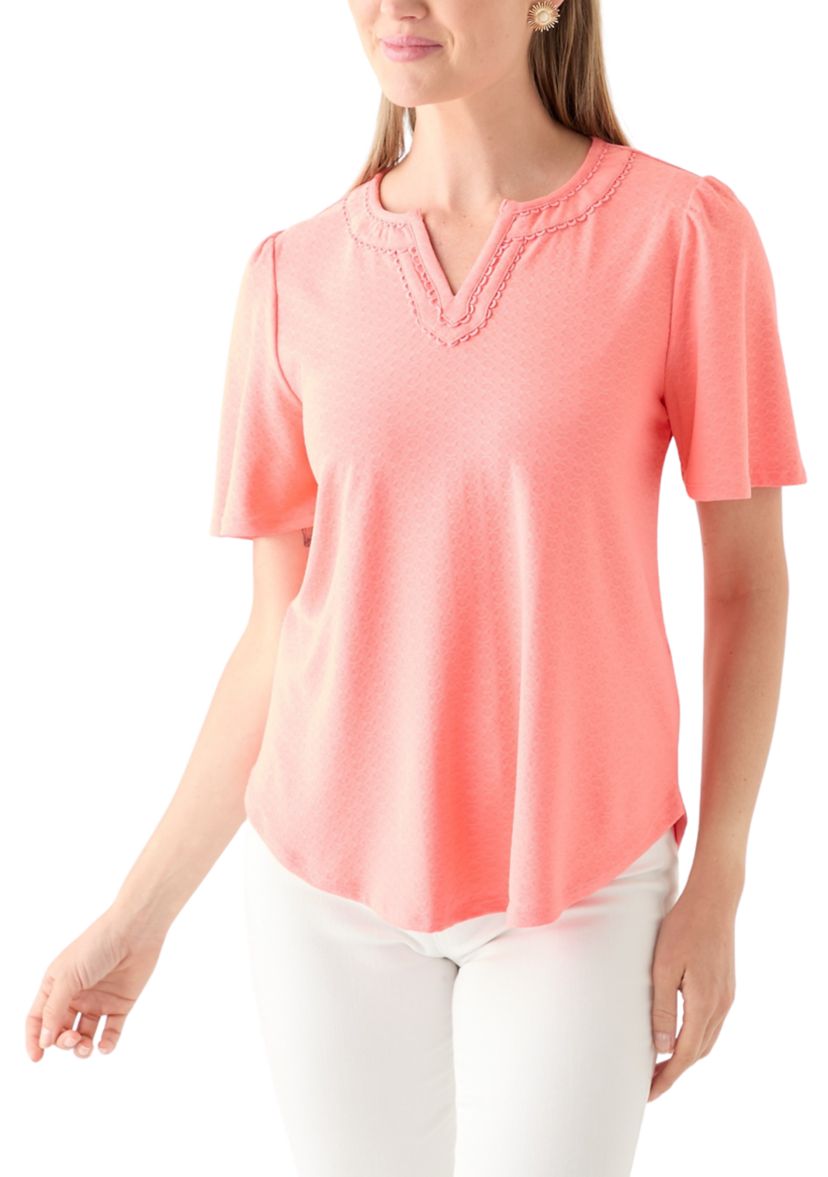 Petite Split Neck Texture Solid Knit Top With Short Ruffle Sleeves